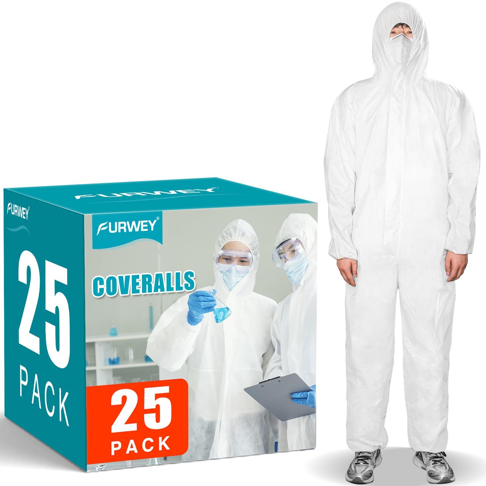 FURWEY Hazmat Suits 25PACK Disposable Protective Coveralls, Heavy Duty Full Body Painters Suit