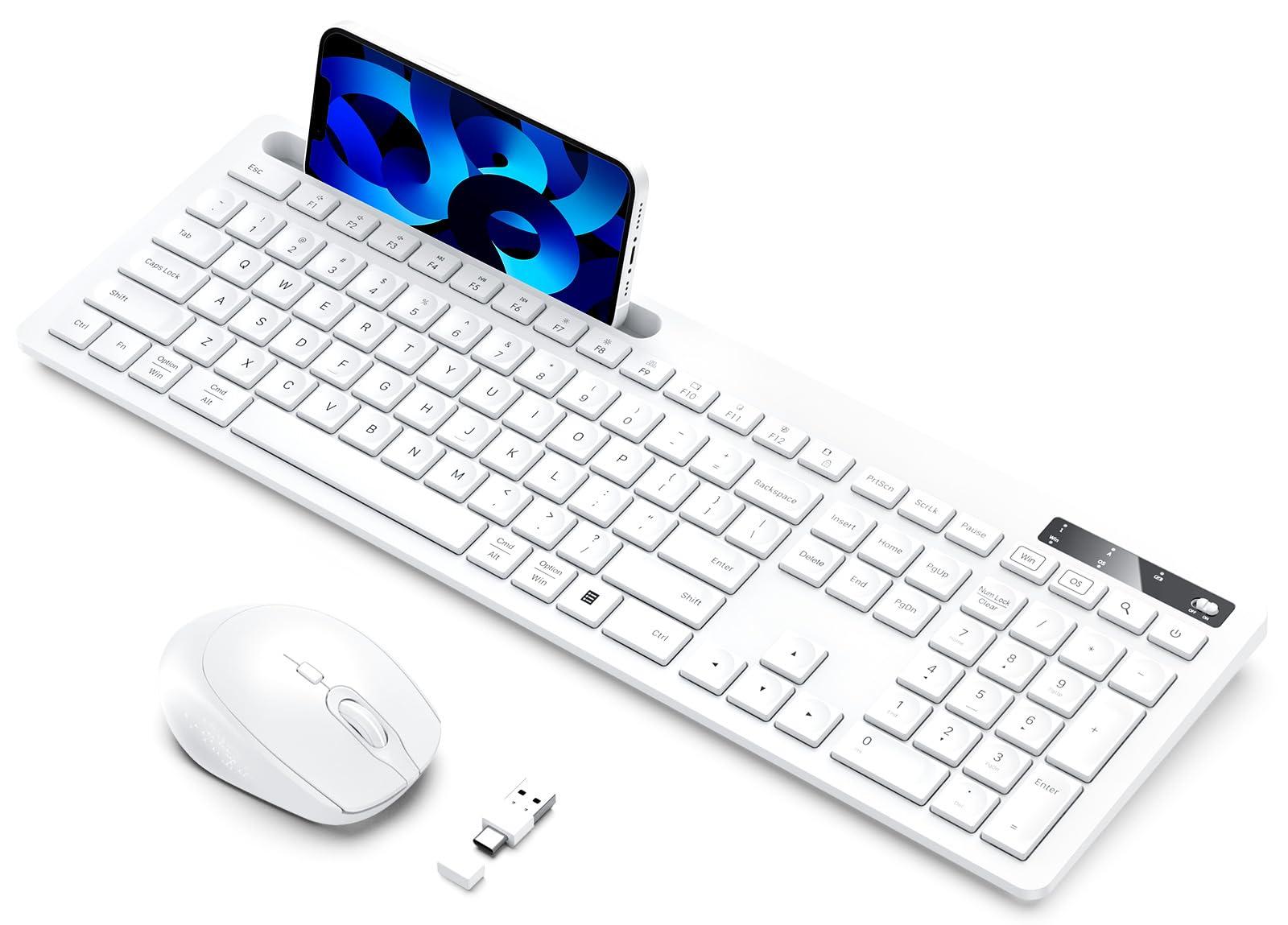 Wireless Keyboard and Mouse for MacBook, Vivefox White Wireless Keyboard with Phone Holder