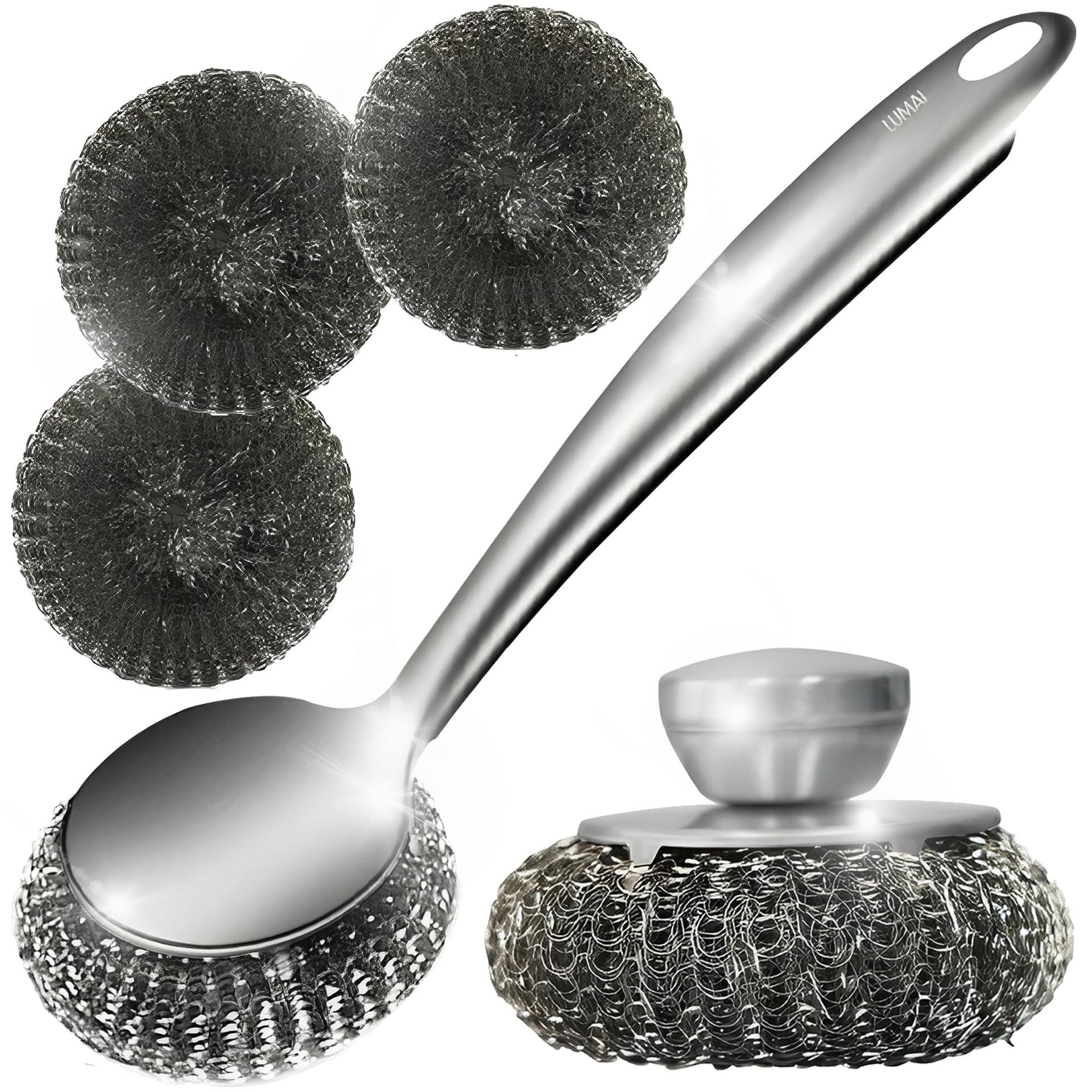 LUMAI Steel Wool Scrubber Dish Brush Set with Handle, Deep Cleaning Scrubber Set, Silver
