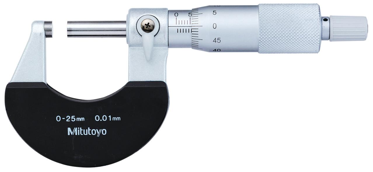 Mitutoyo, 102-301, Outside micrometer, 0-25,  0.01mm Mechanical Outside Micrometer, Satin Chrome, Ratchet Stop