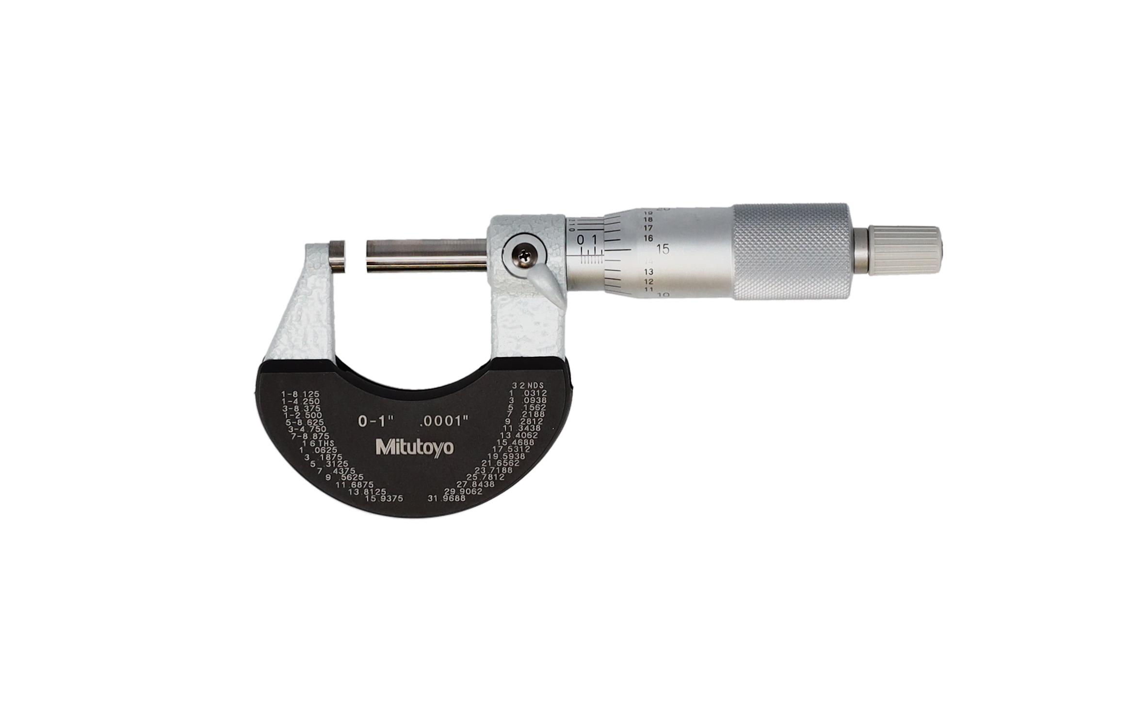 Mitutoyo, 102-327-10, Outside micrometer, 0-1 In,  .0001 In Mechanical Outside Micrometer, Satin Chrome, Ratchet Stop
