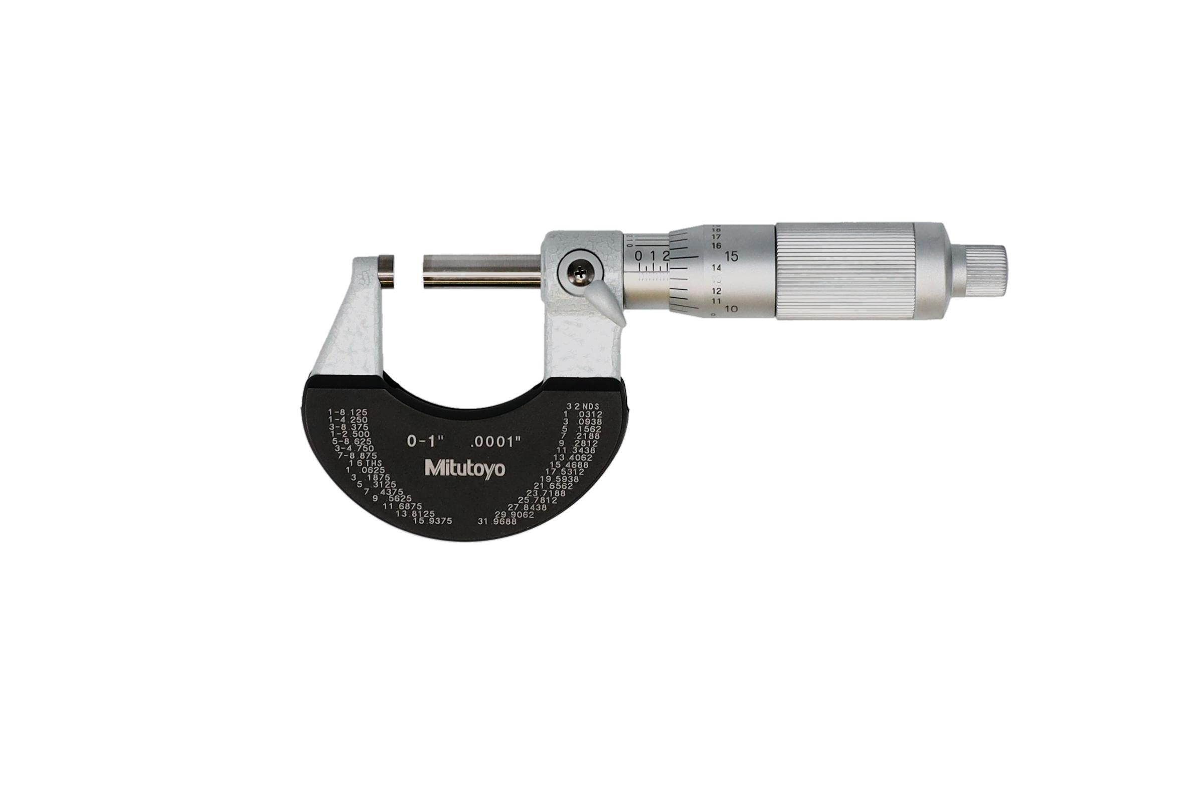 Mitutoyo, 102-329-10, Outside micrometer, 0-1 In,  .0001 In Mechanical Outside Micrometer, Satin Chrome, Friction Thimble