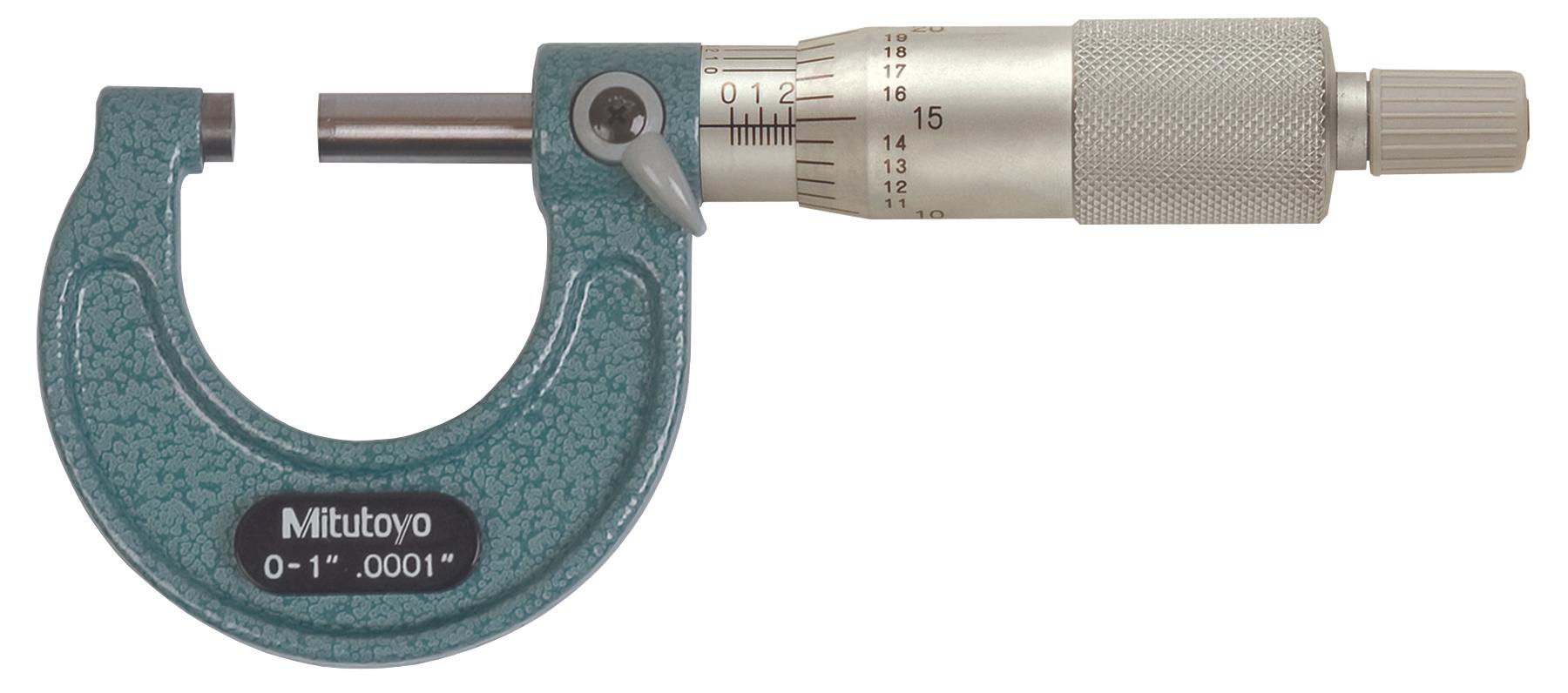 Mitutoyo, 103-131, 0-1 In,  .0001 In Mechanical Outside Micrometer, Hammertone Baked Enamel, Ratchet Stop