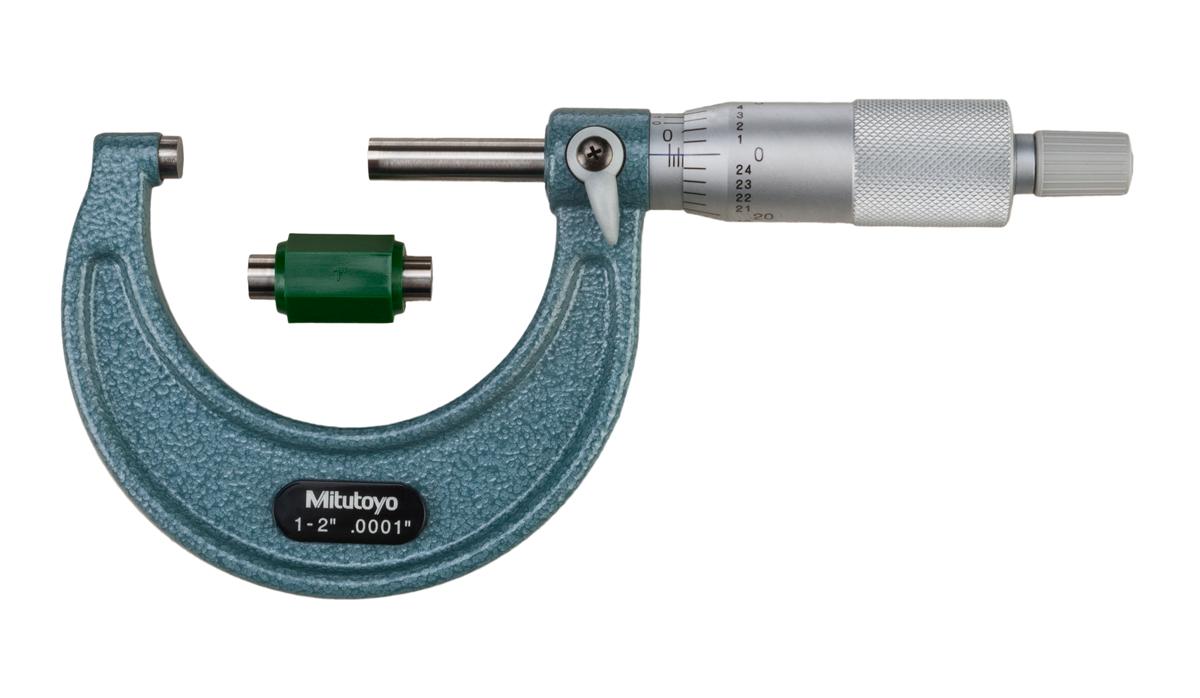 Mitutoyo, 103-132, 1-2 In,  .0001 In Mechanical Outside Micrometer, Hammertone Baked Enamel, Ratchet Stop, With Standard