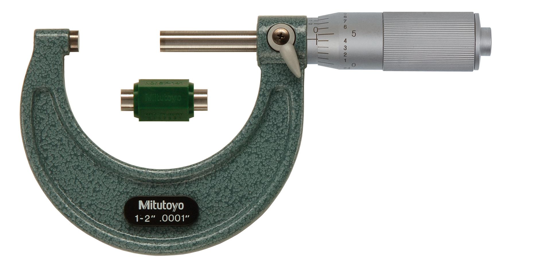 Mitutoyo, 103-136, 1-2 In,  .0001 In Mechanical Outside Micrometer, Hammertone Baked Enamel, Friction Thimble, With Standard