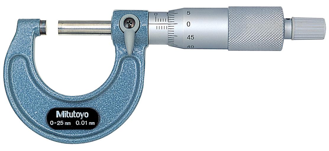 Mitutoyo, 103-137, 0-25mm, 0.01mm Mechanical Outside Micrometer, Hammertone Baked Enamel, Ratchet Stop
