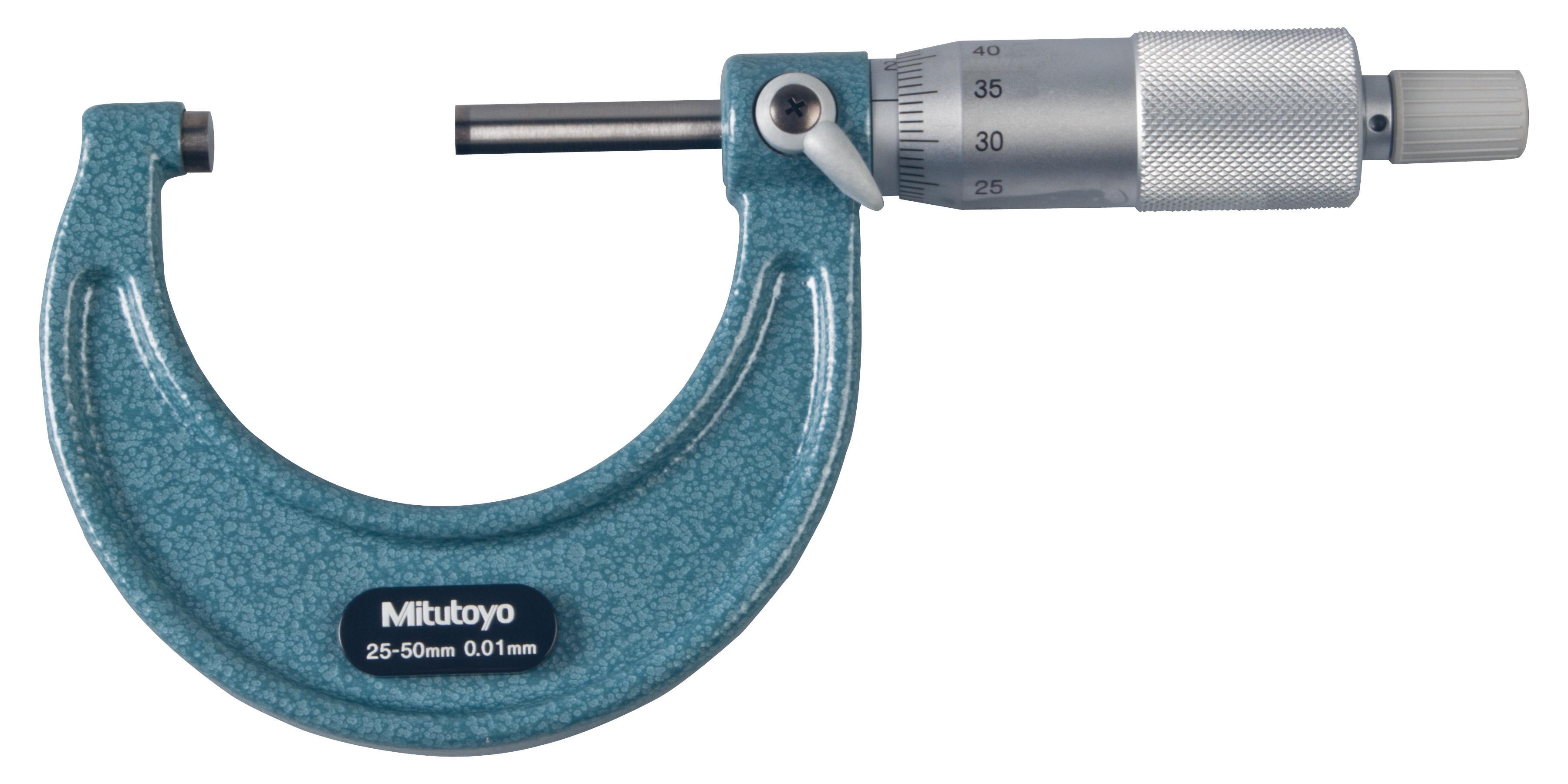 Mitutoyo, 103-138, 25-50mm, 0.01mm Mechanical Outside Micrometer, Hammertone Baked Enamel, Ratchet Stop, With Standard