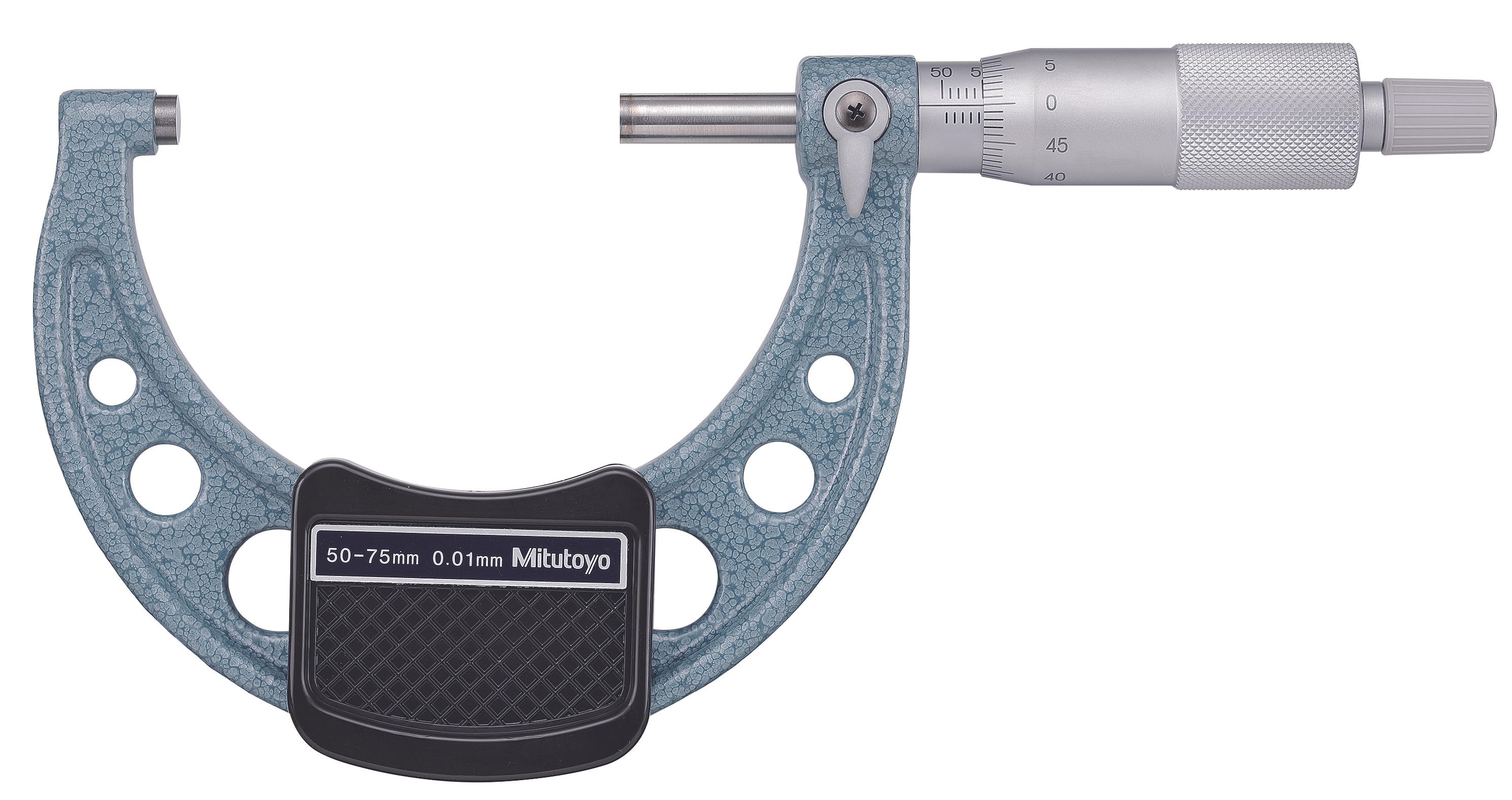 Mitutoyo, 103-139-10, 50-75mm, 0.01mm Mechanical Outside Micrometer, Hammertone Baked Enamel, Ratchet Stop, With Standard