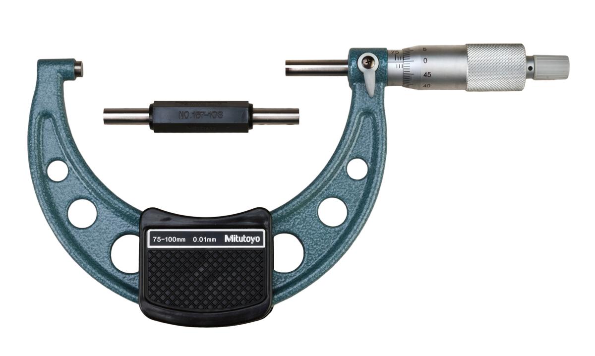 Mitutoyo, 103-140-10, 75-100mm, 0.01mm Mechanical Outside Micrometer, Hammertone Baked Enamel, Ratchet Stop, With Standard