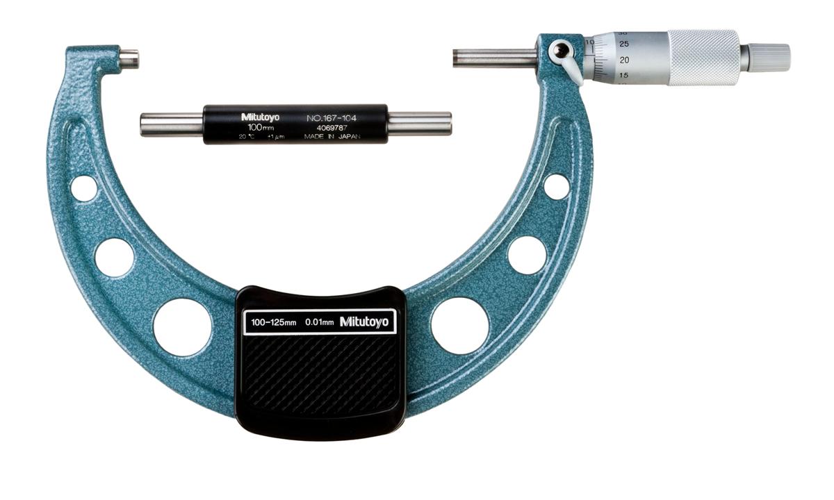 Mitutoyo, 103-141-10, 100-125mm, 0.01mm Mechanical Outside Micrometer, Hammertone Baked Enamel, Ratchet Stop, With Standard