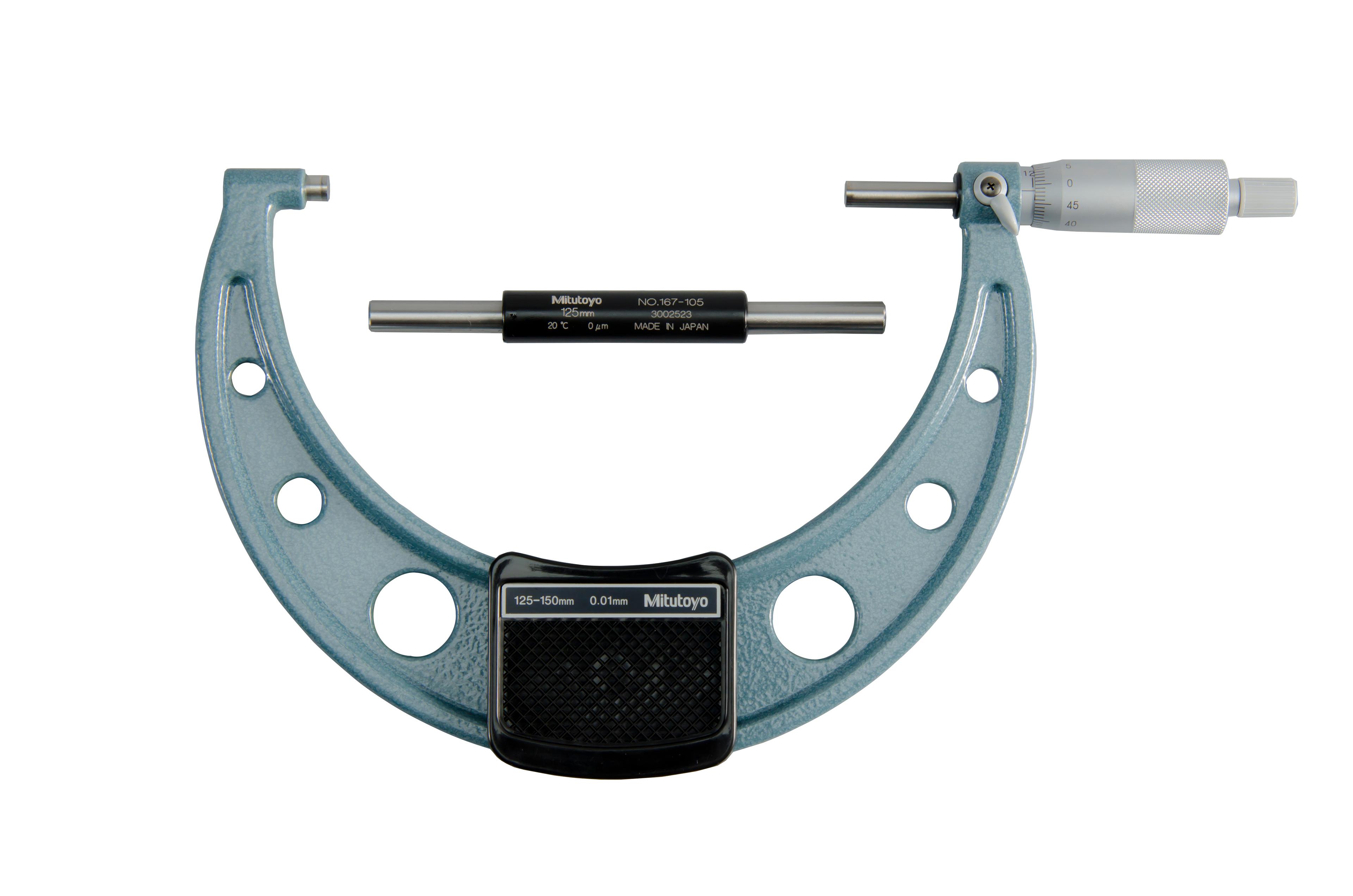 Mitutoyo, 103-142-10, 125-150mm, 0.01mm Mechanical Outside Micrometer, Hammertone Baked Enamel, Ratchet Stop, With Standard