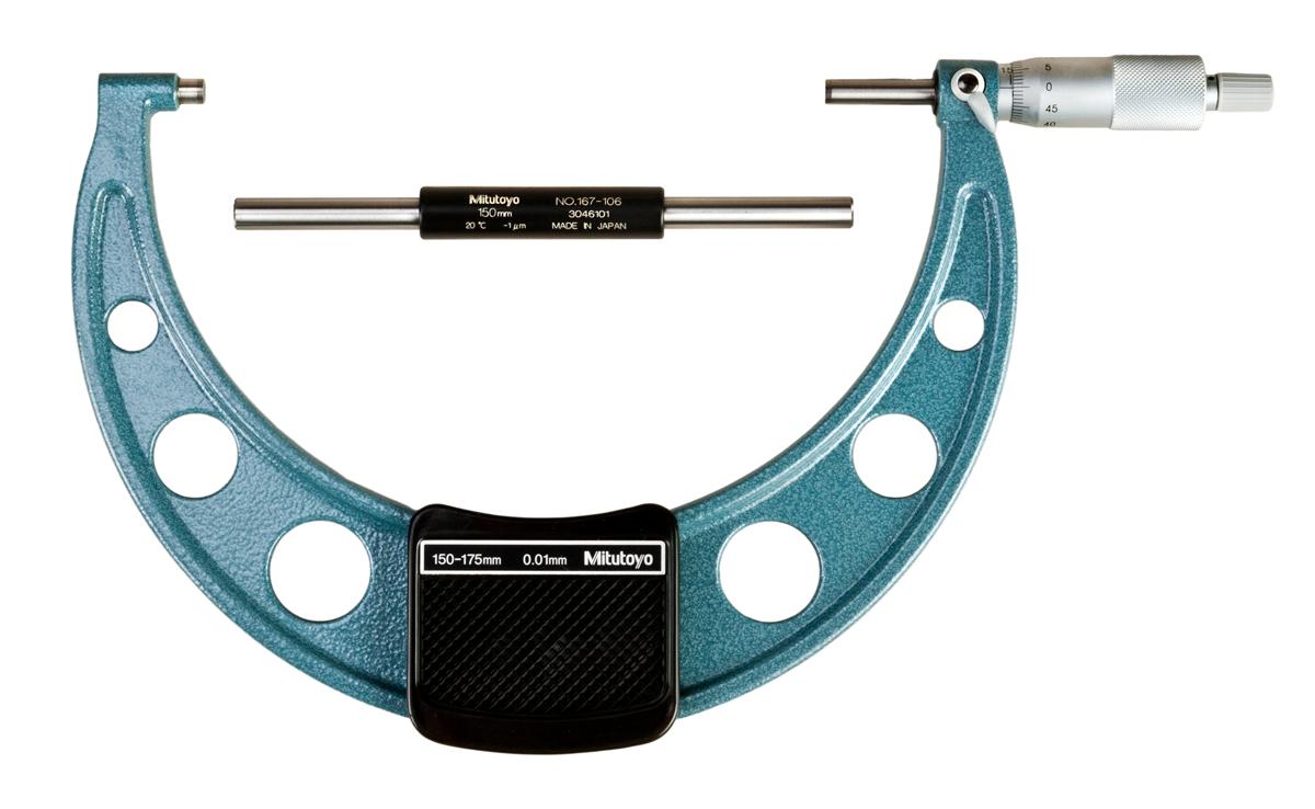Mitutoyo, 103-143-10, 150-175mm, 0.01mm Mechanical Outside Micrometer, Hammertone Baked Enamel, Ratchet Stop, With Standard