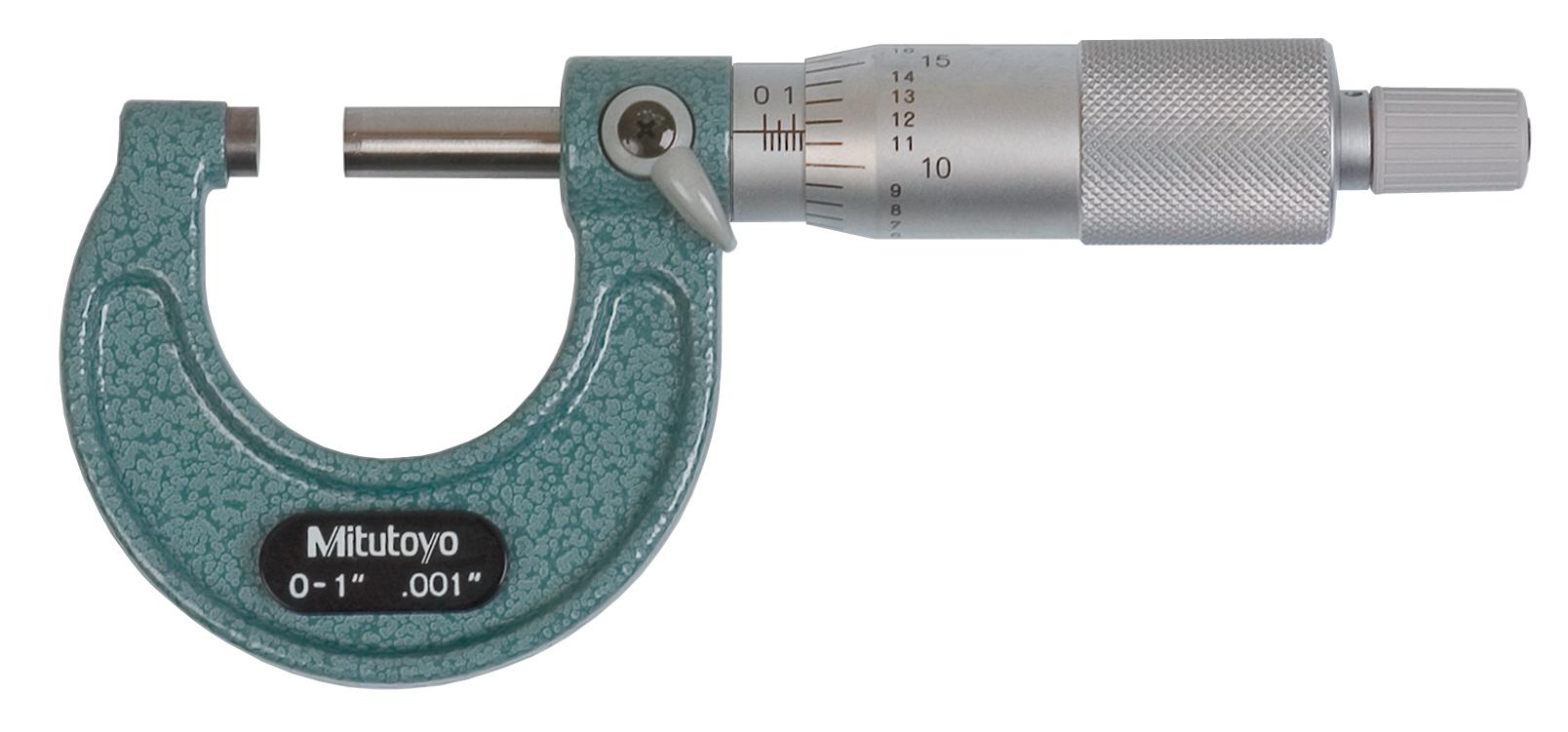 Mitutoyo, 103-177, 0-1 In,  .001 In Mechanical Outside Micrometer, Hammertone Baked Enamel, Ratchet Stop