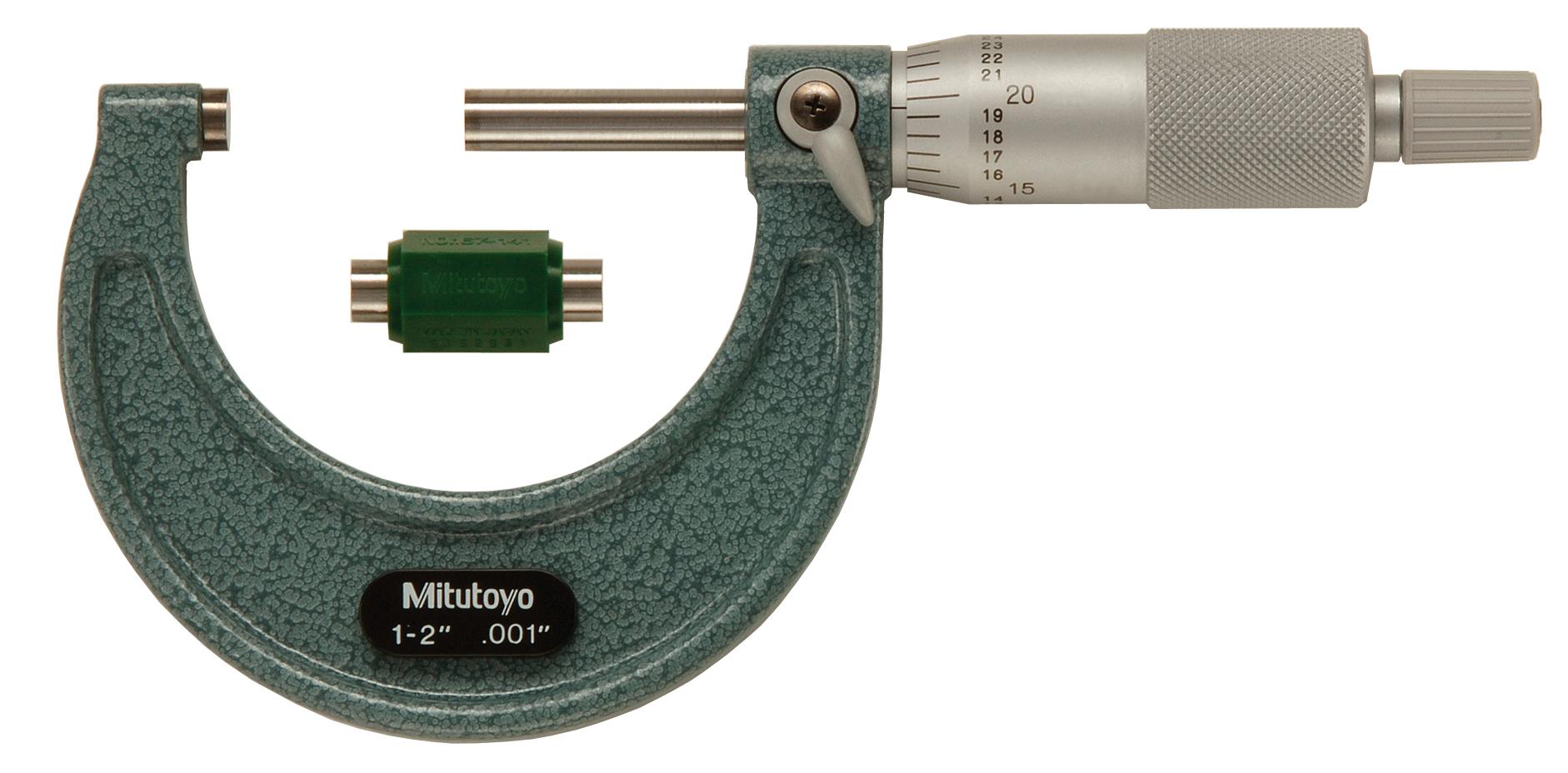 Mitutoyo, 103-178, 1-2 In,  .001 In Mechanical Outside Micrometer, Hammertone Baked Enamel, Ratchet Stop, With Standard