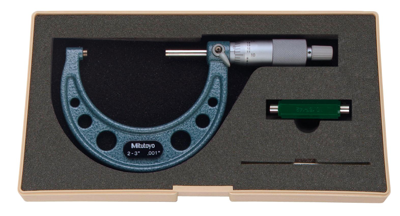 Mitutoyo, 103-179, 2-3 In,  .001 In Mechanical Outside Micrometer, Hammertone Baked Enamel, Ratchet Stop, With Standard