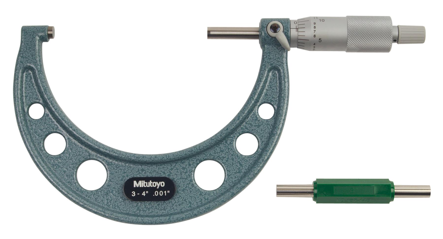 Mitutoyo, 103-180, 3-4 In,  .001 In Mechanical Outside Micrometer, Hammertone Baked Enamel, Ratchet Stop, With Standard