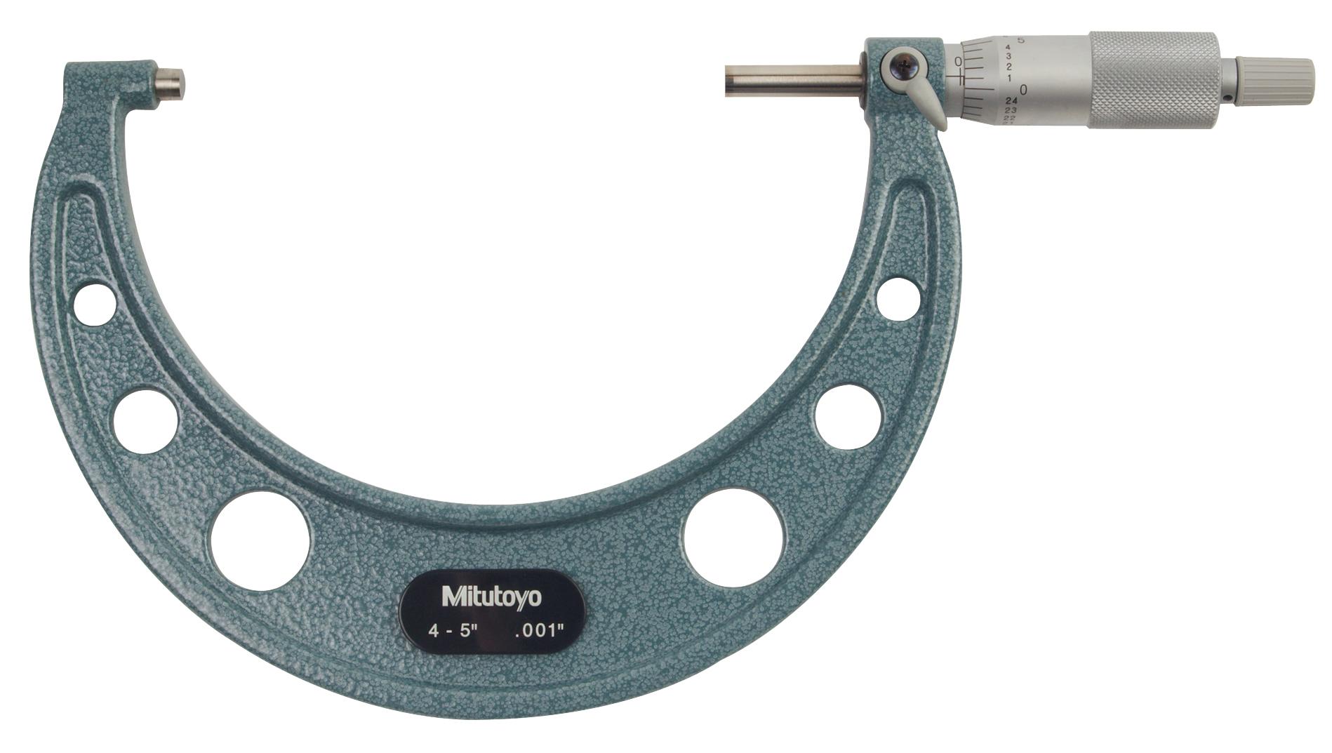 Mitutoyo, 103-181, 4-5 In,  .001 In Mechanical Outside Micrometer, Hammertone Baked Enamel, Ratchet Stop, With Standard