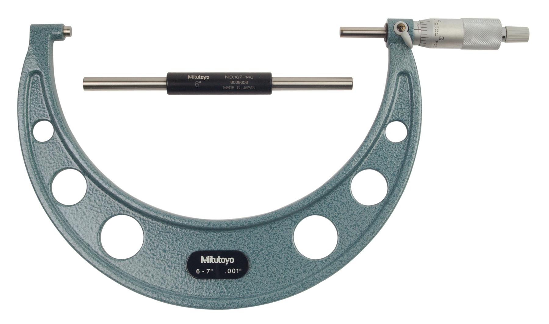 Mitutoyo, 103-183, 6-7 In,  .001 In Mechanical Outside Micrometer, Hammertone Baked Enamel, Ratchet Stop, With Standard