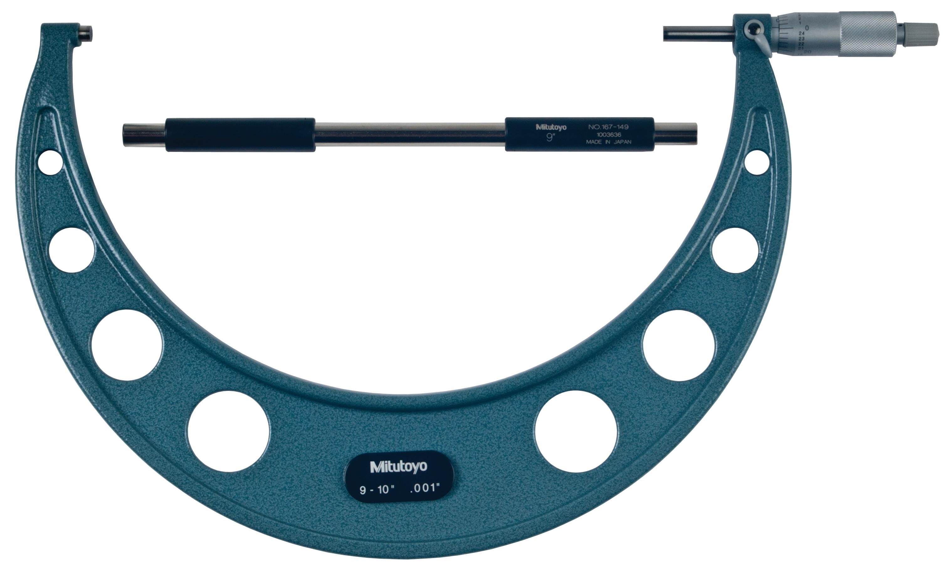Mitutoyo, 103-186, 9-10 In,  .001 In Mechanical Outside Micrometer, Hammertone Baked Enamel, Ratchet Stop, With Standard