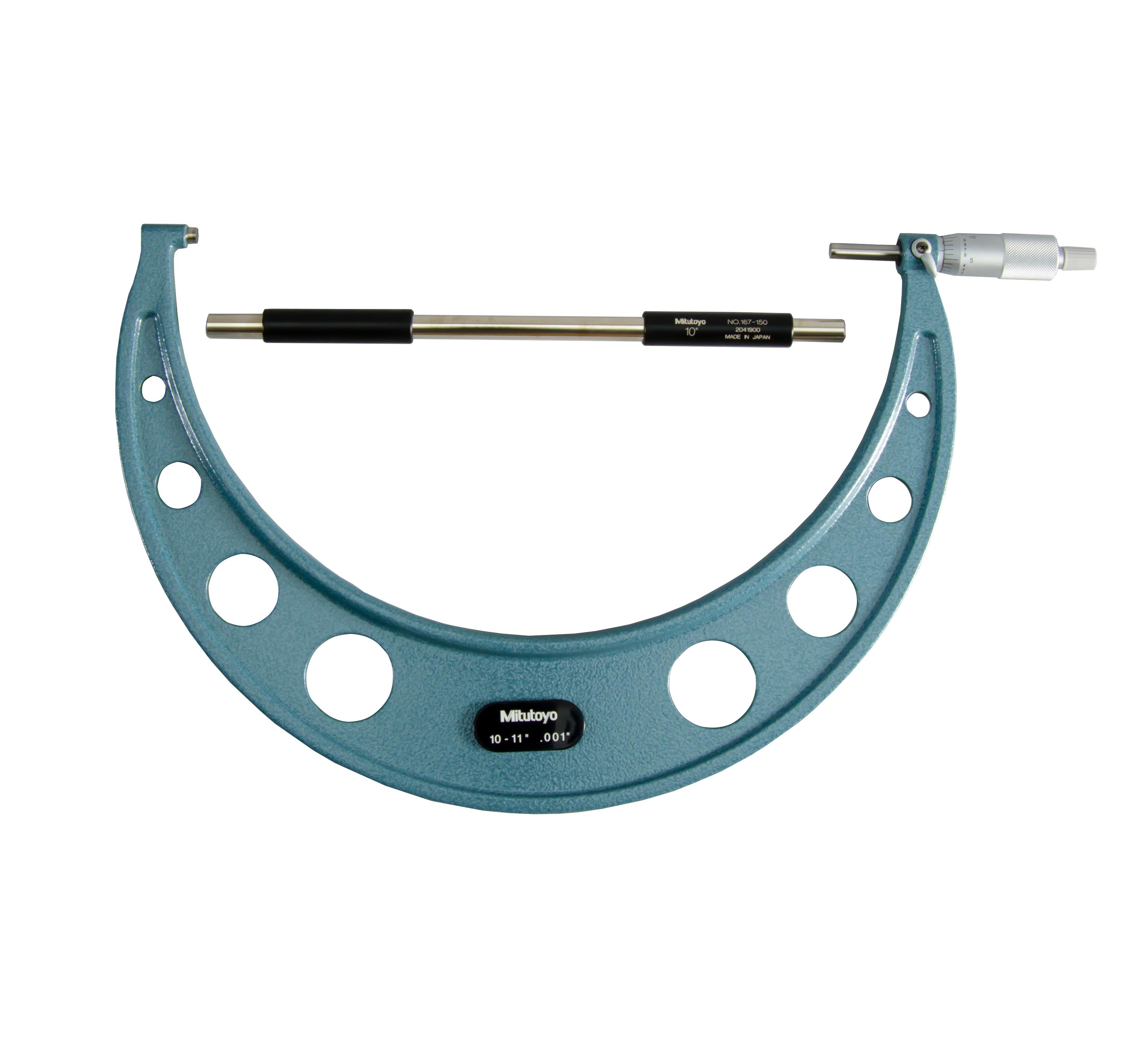 Mitutoyo, 103-187, 10-11 In,  .001 In Mechanical Outside Micrometer, Hammertone Baked Enamel, Ratchet Stop, With Standard