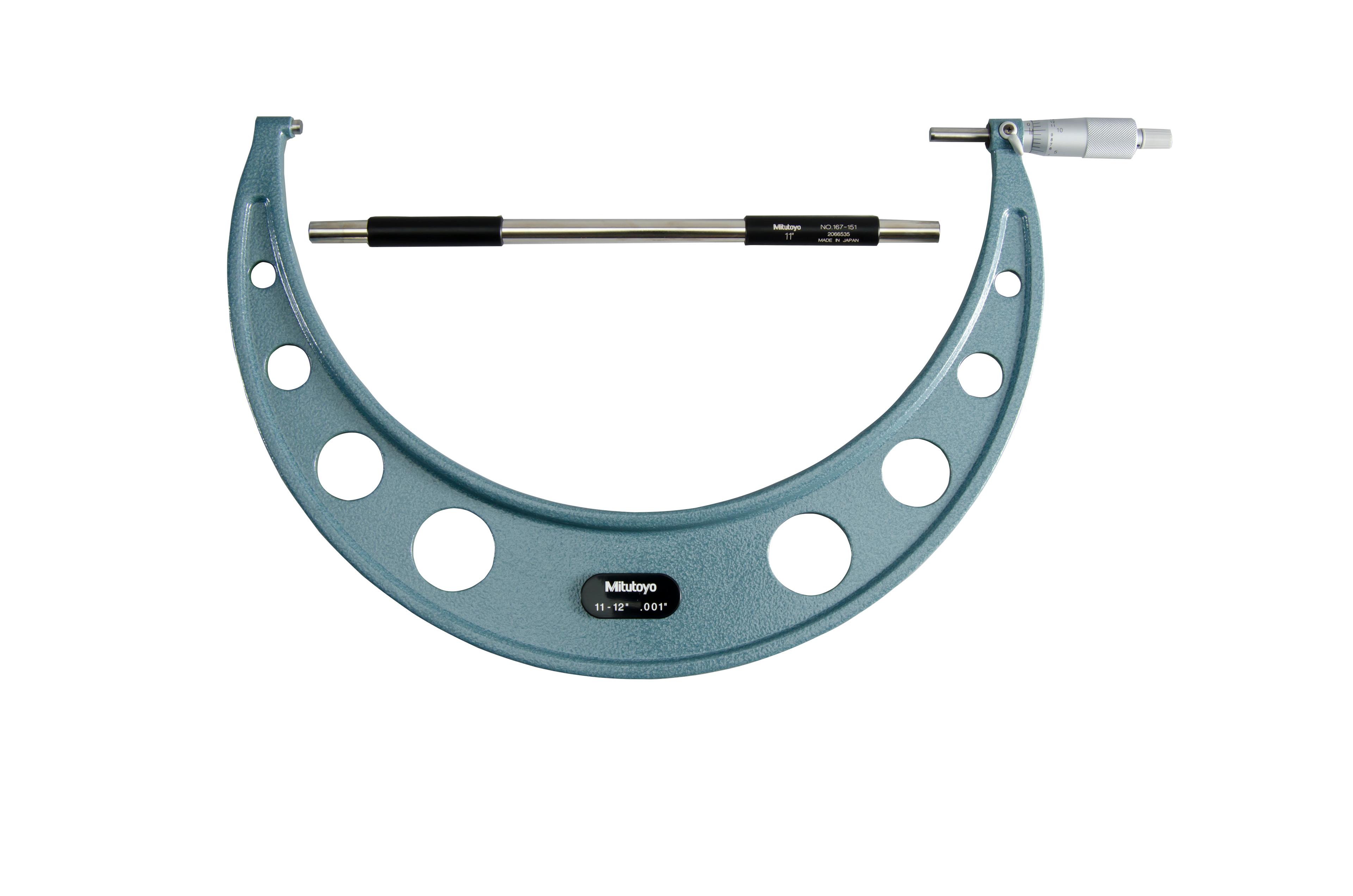 Mitutoyo, 103-188, 11-12 In,  .001 In Mechanical Outside Micrometer, Hammertone Baked Enamel, Ratchet Stop, With Standard