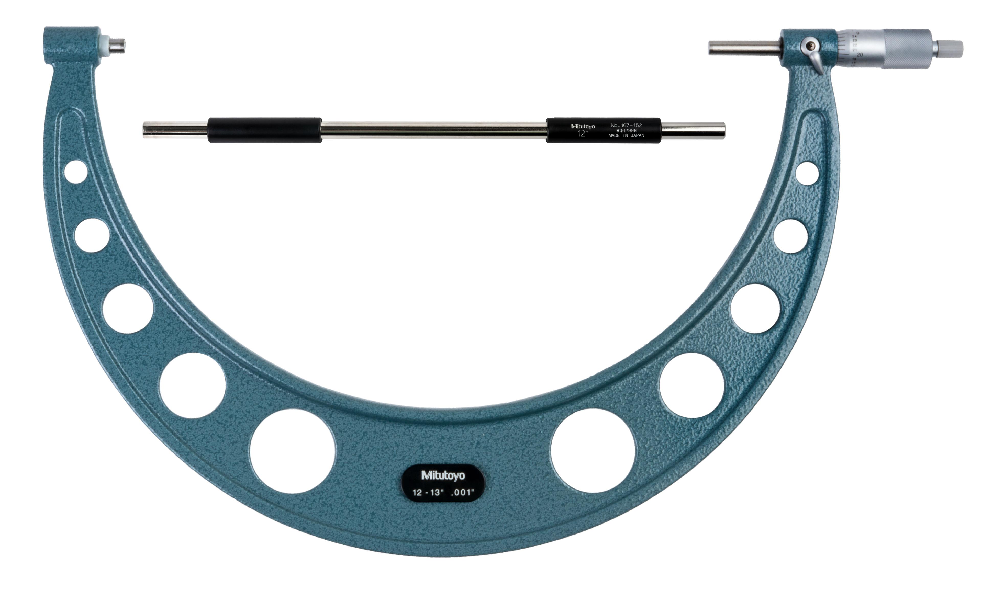 Mitutoyo, 103-189, 12-13 In,  .001 In Mechanical Outside Micrometer, Hammertone Baked Enamel, Ratchet Stop, With Standard