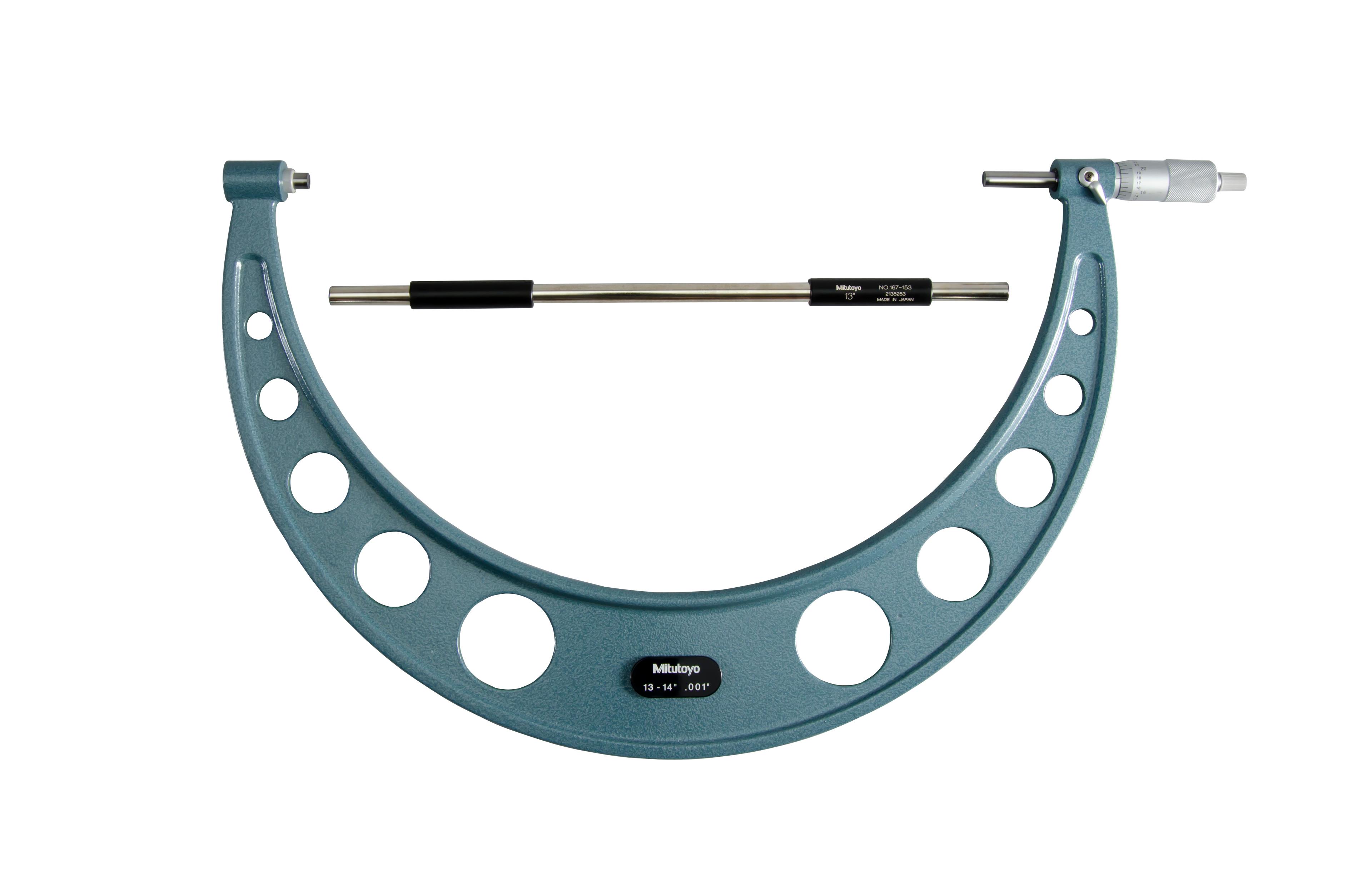 Mitutoyo, 103-190, 13-14 In,  .001 In Mechanical Outside Micrometer, Hammertone Baked Enamel, Ratchet Stop, With Standard