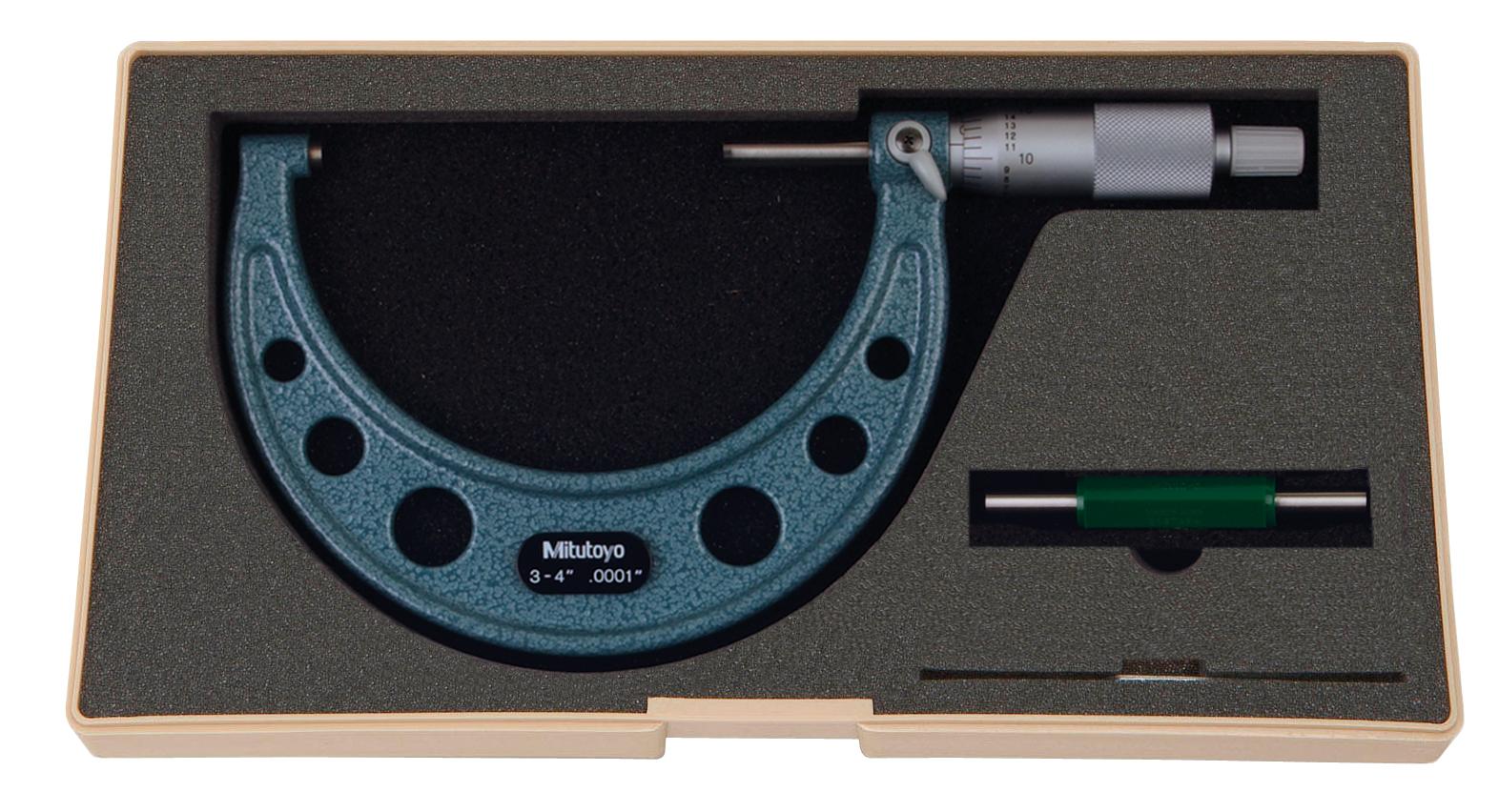 Mitutoyo, 103-218, 3-4 In,  .0001 In Mechanical Outside Micrometer, Hammertone Baked Enamel, Ratchet Stop, With Standard