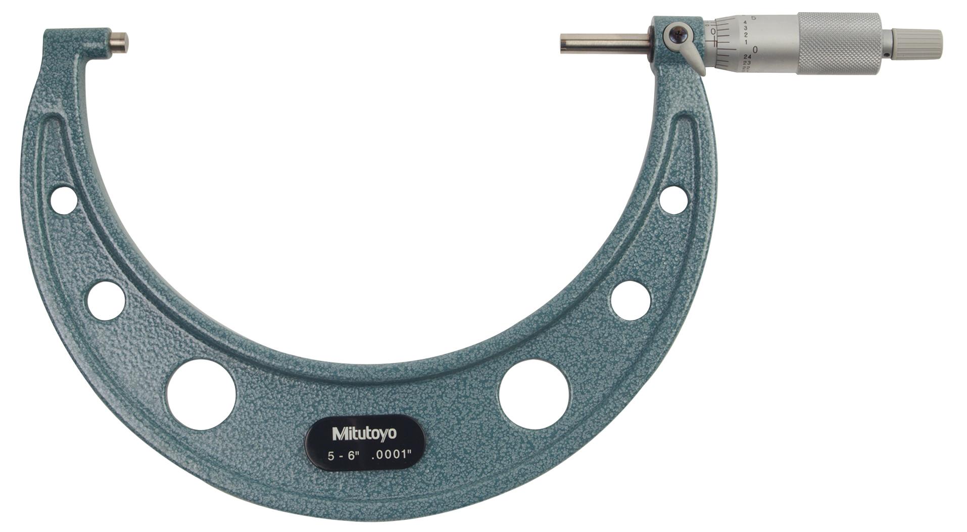 Mitutoyo, 103-220, 5-6 In,  .0001 In Mechanical Outside Micrometer, Hammertone Baked Enamel, Ratchet Stop, With Standard