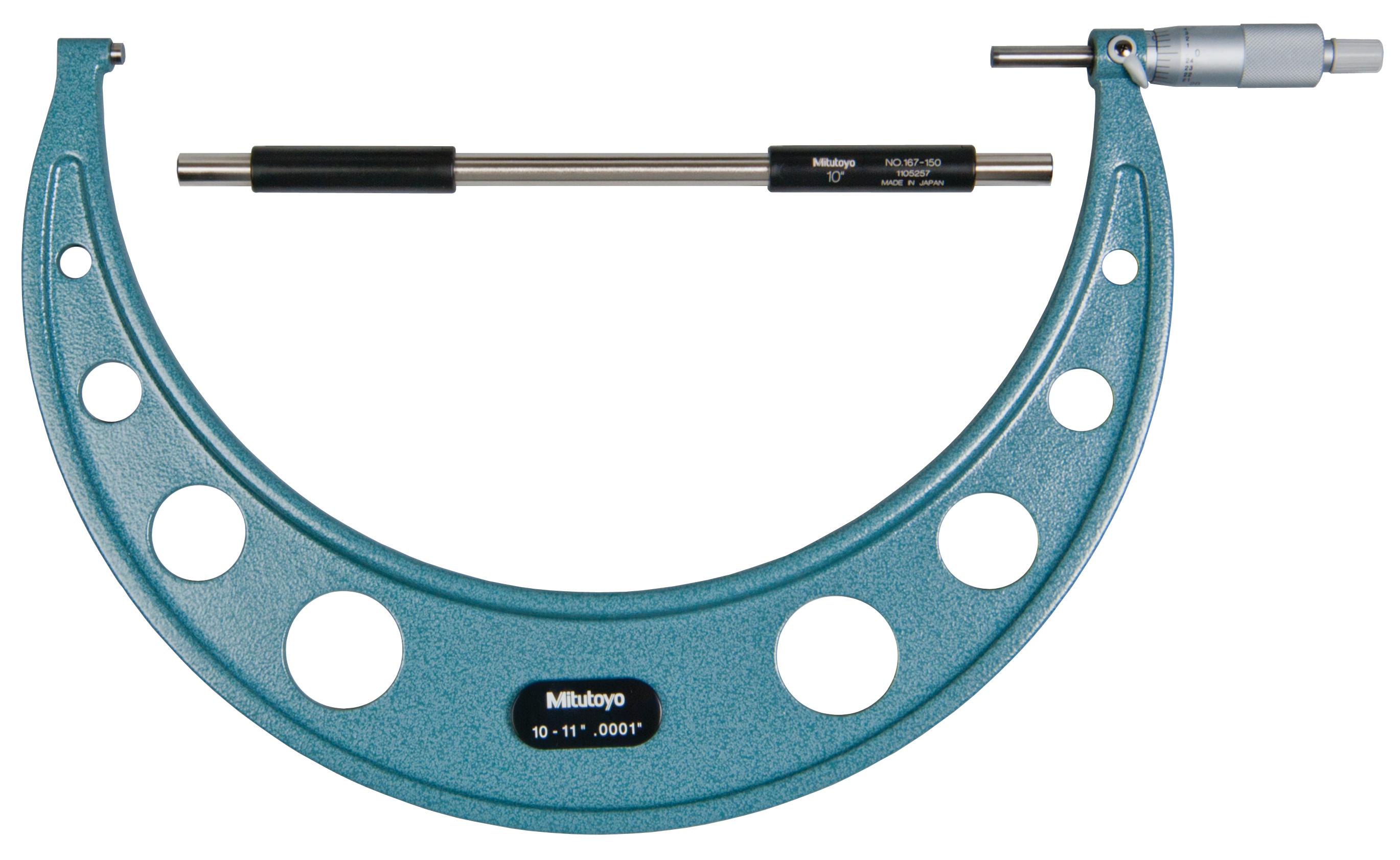 Mitutoyo, 103-225, 10-11 In,  .0001 In Mechanical Outside Micrometer, Hammertone Baked Enamel, Ratchet Stop, With Standard