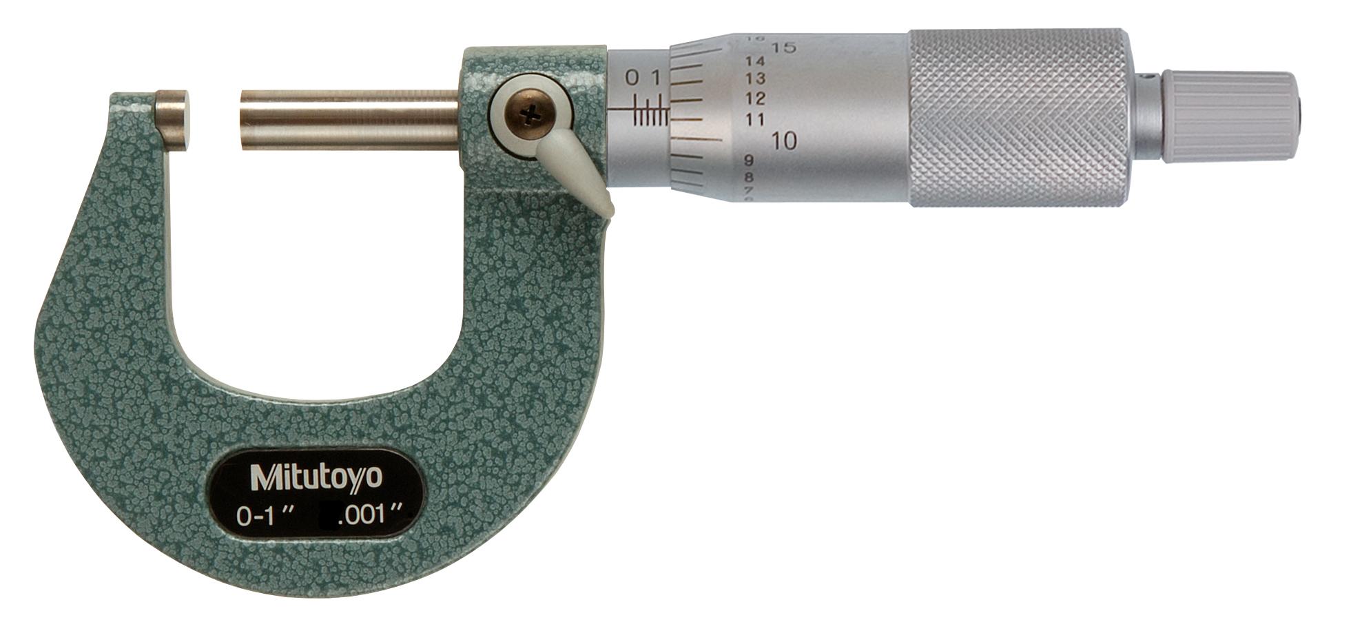Mitutoyo, 103-259, 0-1 In,  .001 In Mechanical Outside Micrometer, Hammertone Baked Enamel, Ratchet Stop, Angle Frame