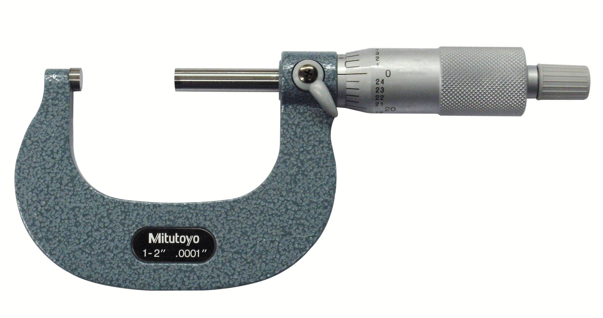 Mitutoyo, 103-262, 1-2 In,  .0001 In Mechanical Outside Micrometer, Hammertone Baked Enamel, Ratchet Stop, Angle Frame