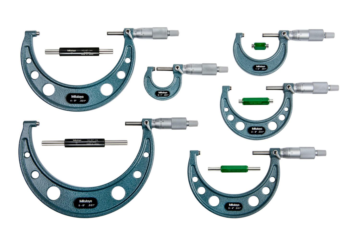 Mitutoyo, 103-904-10, 0-6 In,  .001 In Mechanical Outside Micrometer Set, Hammertone Baked Enamel, 6 gages, with 5 standards