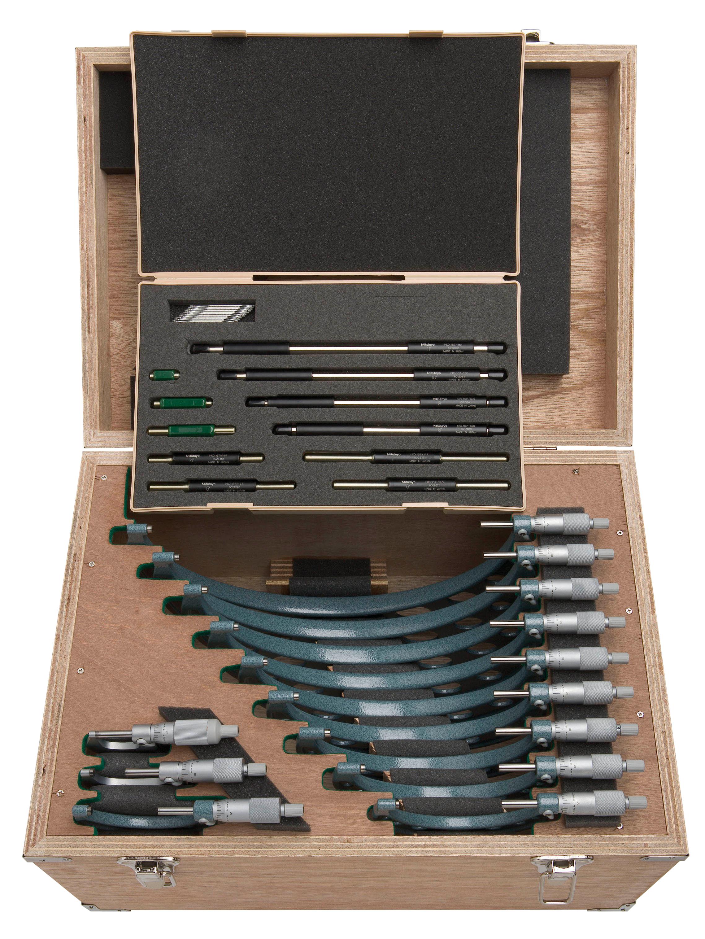 Mitutoyo, 103-905-10, 0-12 In,  .001 In Mechanical Outside Micrometer Set, Hammertone Baked Enamel, 12 gages, with 11 standards
