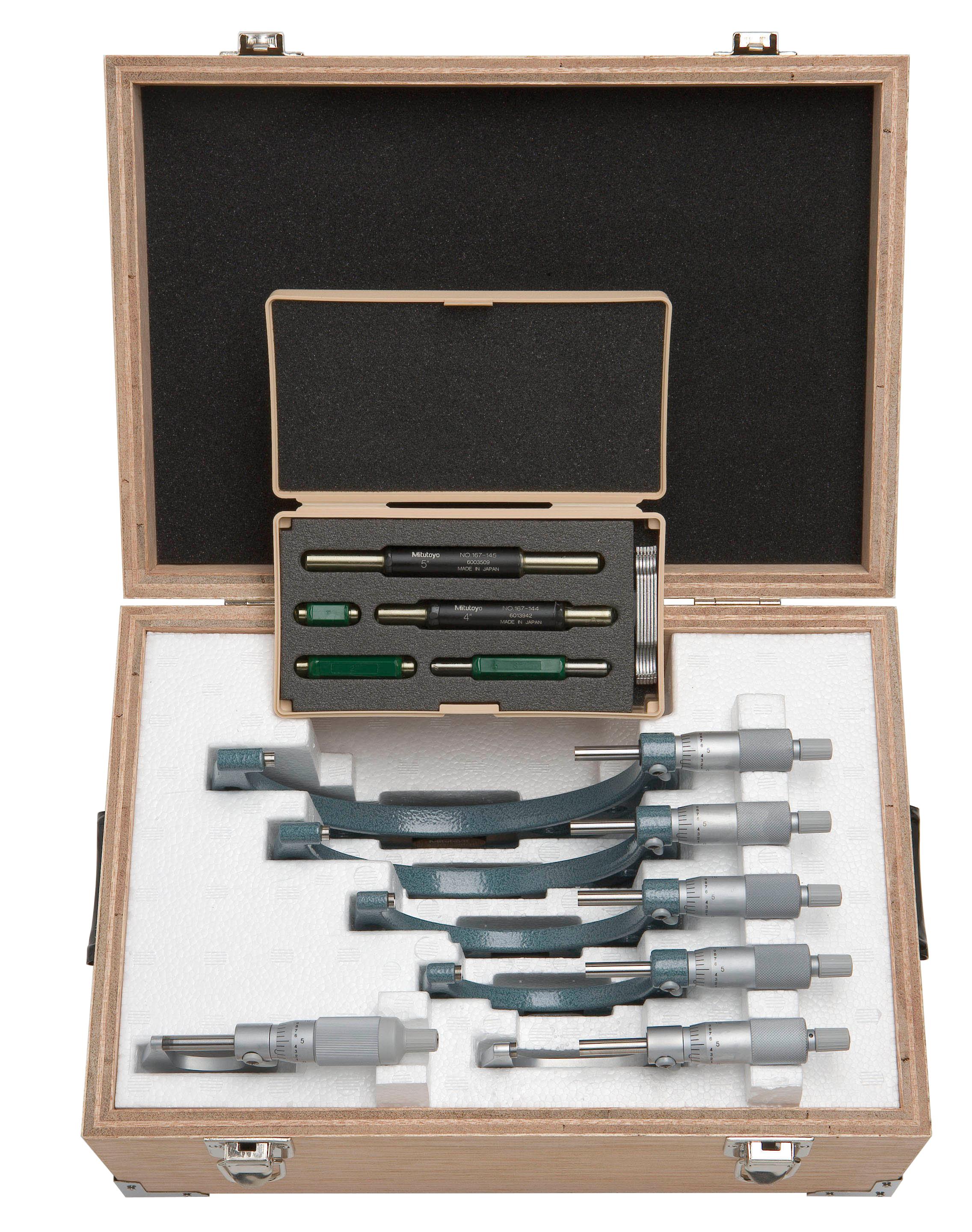 Mitutoyo, 103-907-40, 0-6 In,  .0001 In Mechanical Outside Micrometer Set, Hammertone Baked Enamel, 6 gages, with 5 standards