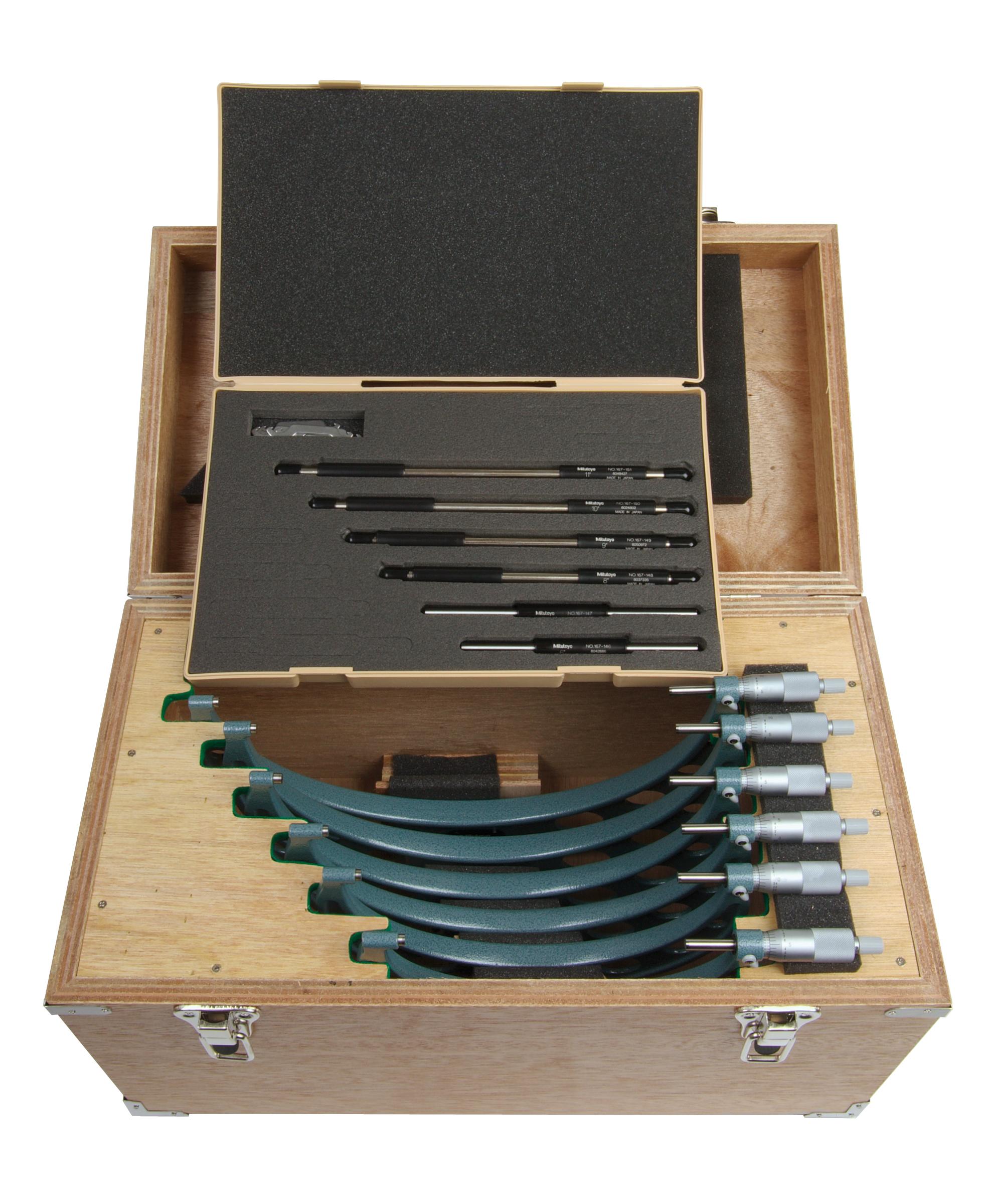 Mitutoyo, 103-909, 6-12 In,  .0001 In Mechanical Outside Micrometer Set, Hammertone Baked Enamel, 6 gages, with 6 standards