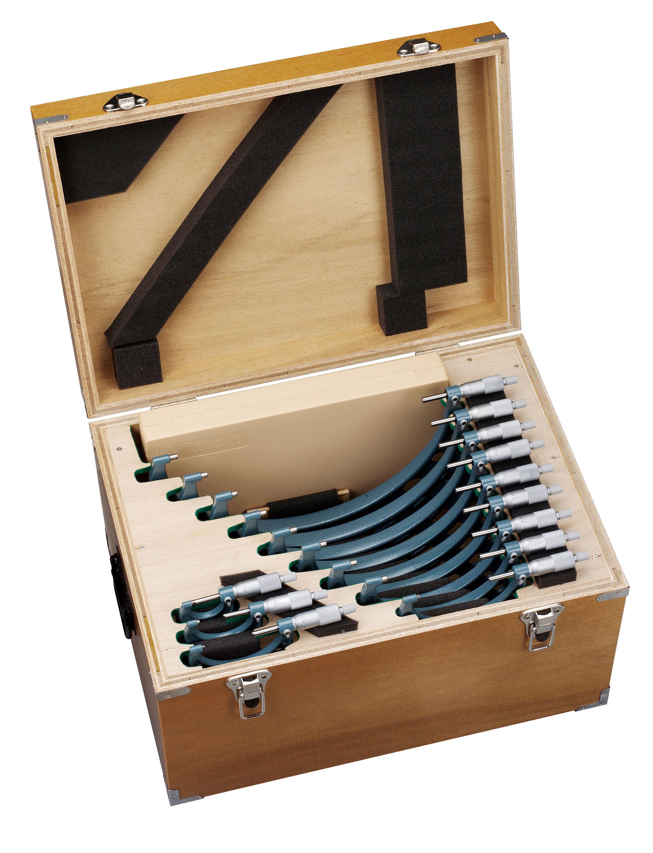 Mitutoyo, 103-914-40, 0-150mm,  0.001mm Mechanical Outside Micrometer Set, Hammertone Baked Enamel, 6 gages, with 5 standards