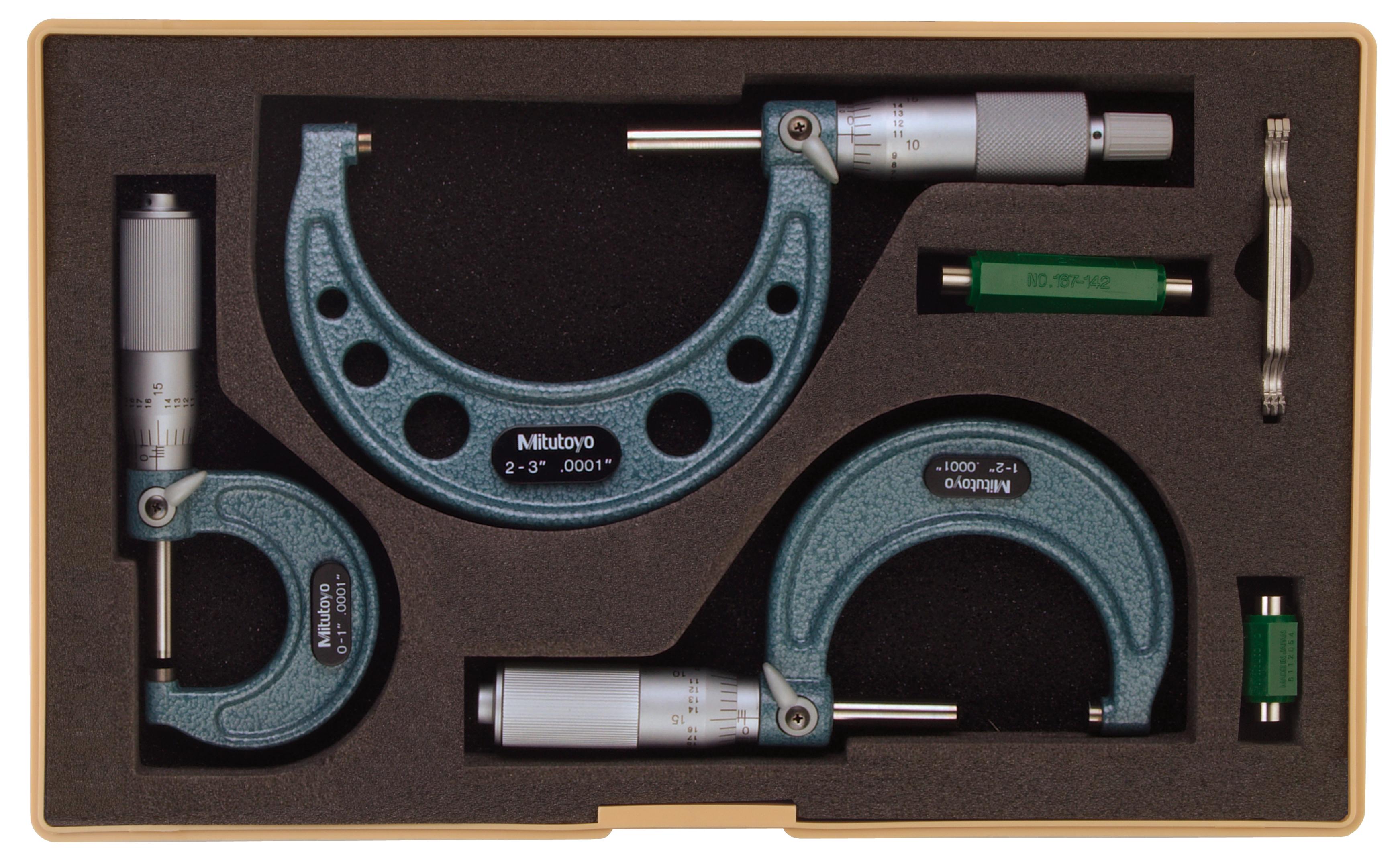 Mitutoyo, 103-922, 0-3 In,  .0001 In Mechanical Outside Micrometer Set, Hammertone Baked Enamel, 3 gages, with 2 standards