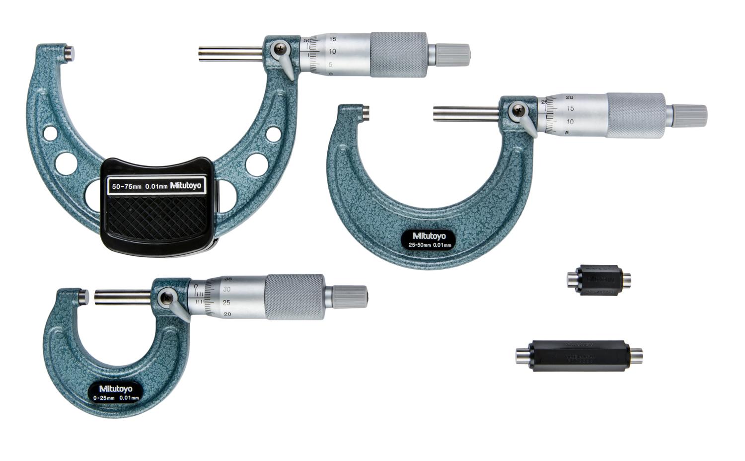 Mitutoyo, 103-927-10, 0-75mm,  0.001mm Mechanical Outside Micrometer Set, Hammertone Baked Enamel, 3 gages, with 2 standards