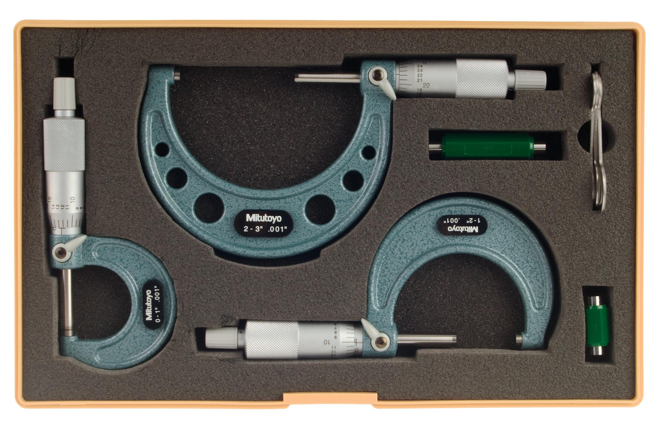 Mitutoyo, 103-929, 0-3 In,  .001 In Mechanical Outside Micrometer Set, Hammertone Baked Enamel, 3 gages, with 2 standards