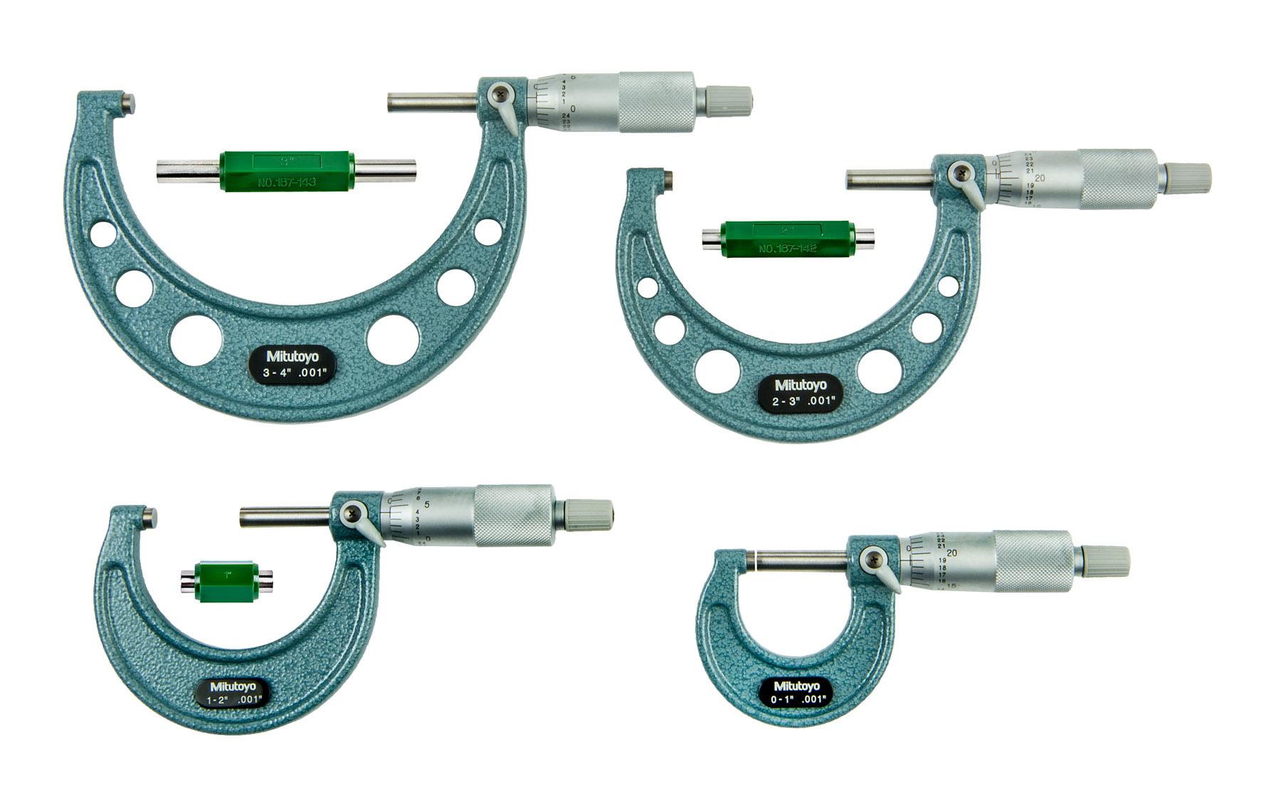 Mitutoyo, 103-930, 0-4 In,  .001 In Mechanical Outside Micrometer Set, Hammertone Baked Enamel, 4 gages, with 3 standards