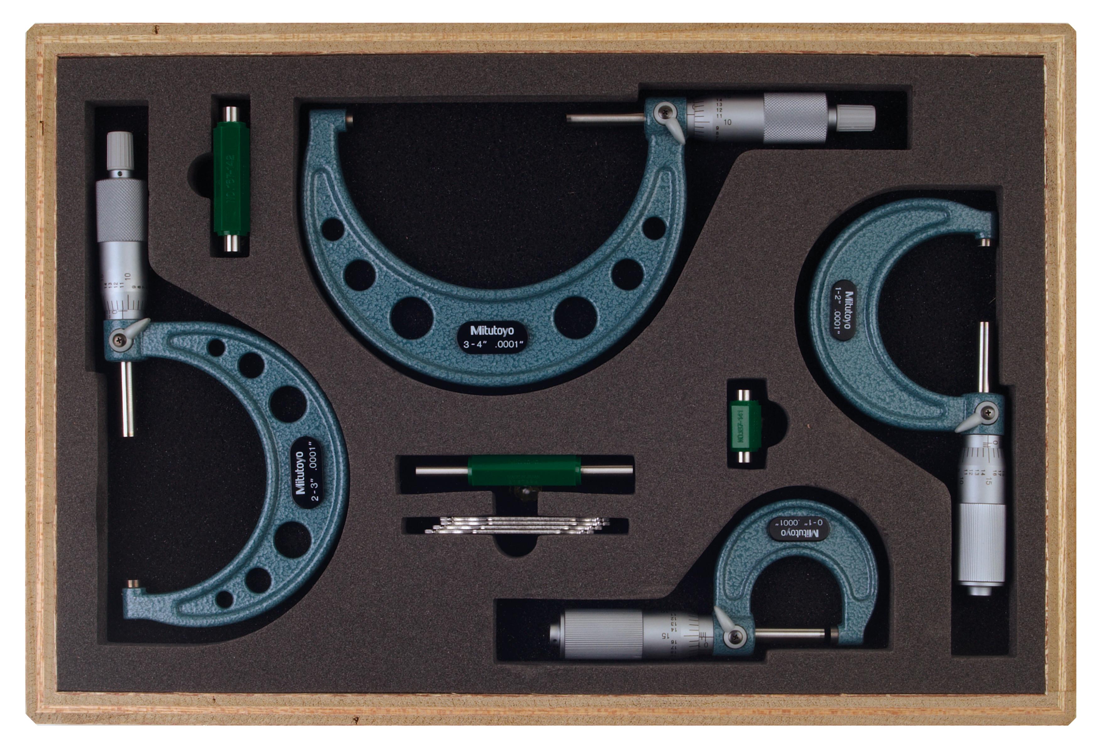 Mitutoyo, 103-931, 0-4 In,  .0001 In Mechanical Outside Micrometer Set, Hammertone Baked Enamel, 4 gages, with 3 standards