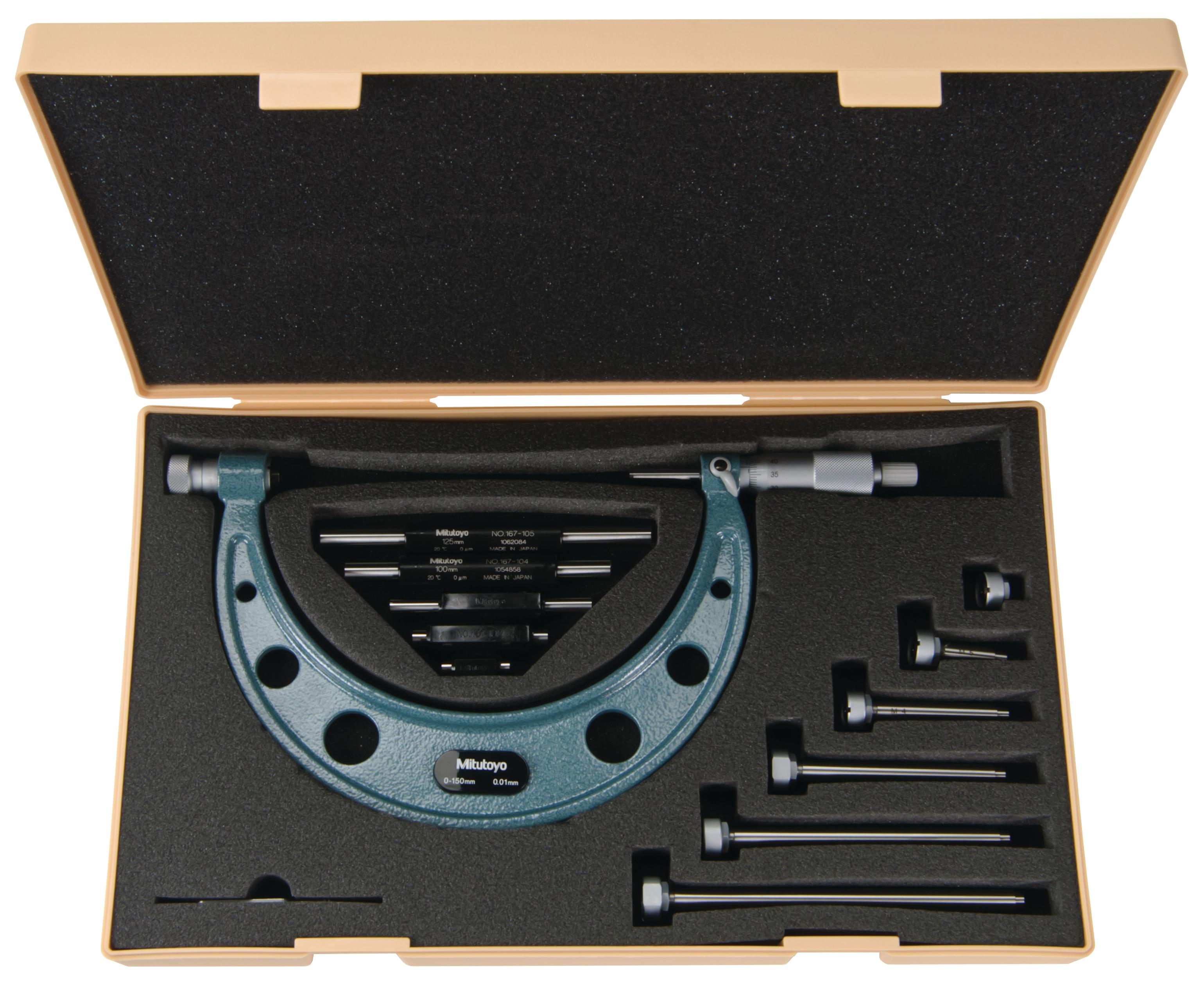 Mitutoyo, 104-135A, 0-150mm, 0.01mm Interchangeable Anvil Mechanical Outside Micrometer, Ratchet Stop, 6 anvils, with 5 Standards