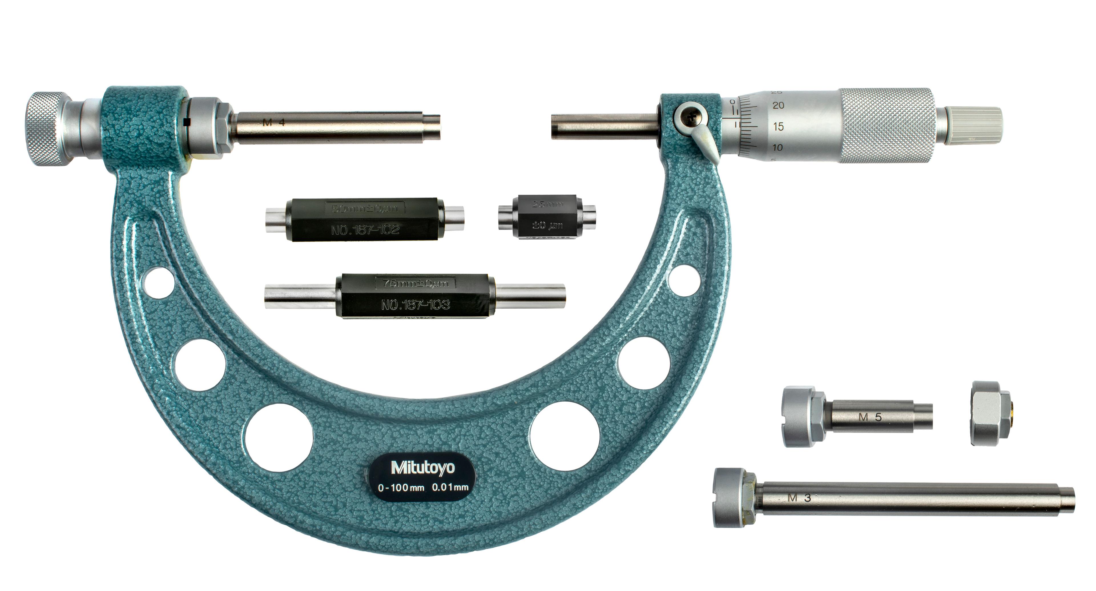 Mitutoyo, 104-139A, 0-100mm, 0.01mm Interchangeable Anvil Mechanical Outside Micrometer, Ratchet Stop, 4 anvils, with 3 Standards