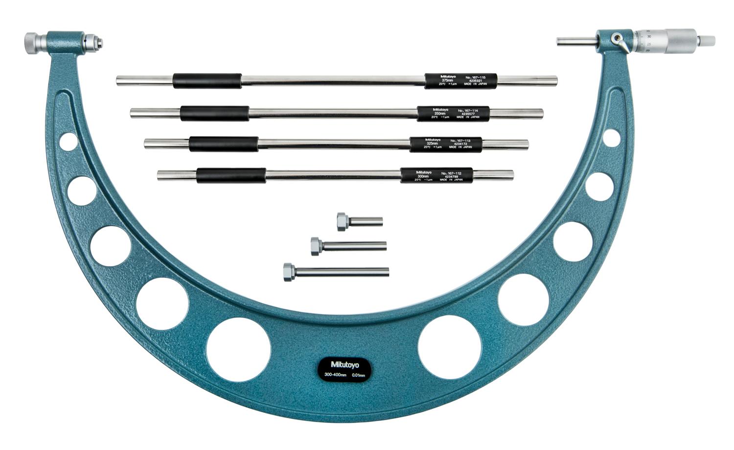 Mitutoyo, 104-142A, 300-400mm, 0.01mm Interchangeable Anvil Mechanical Outside Micrometer, Ratchet Stop, 4 anvils, with 4 Standards