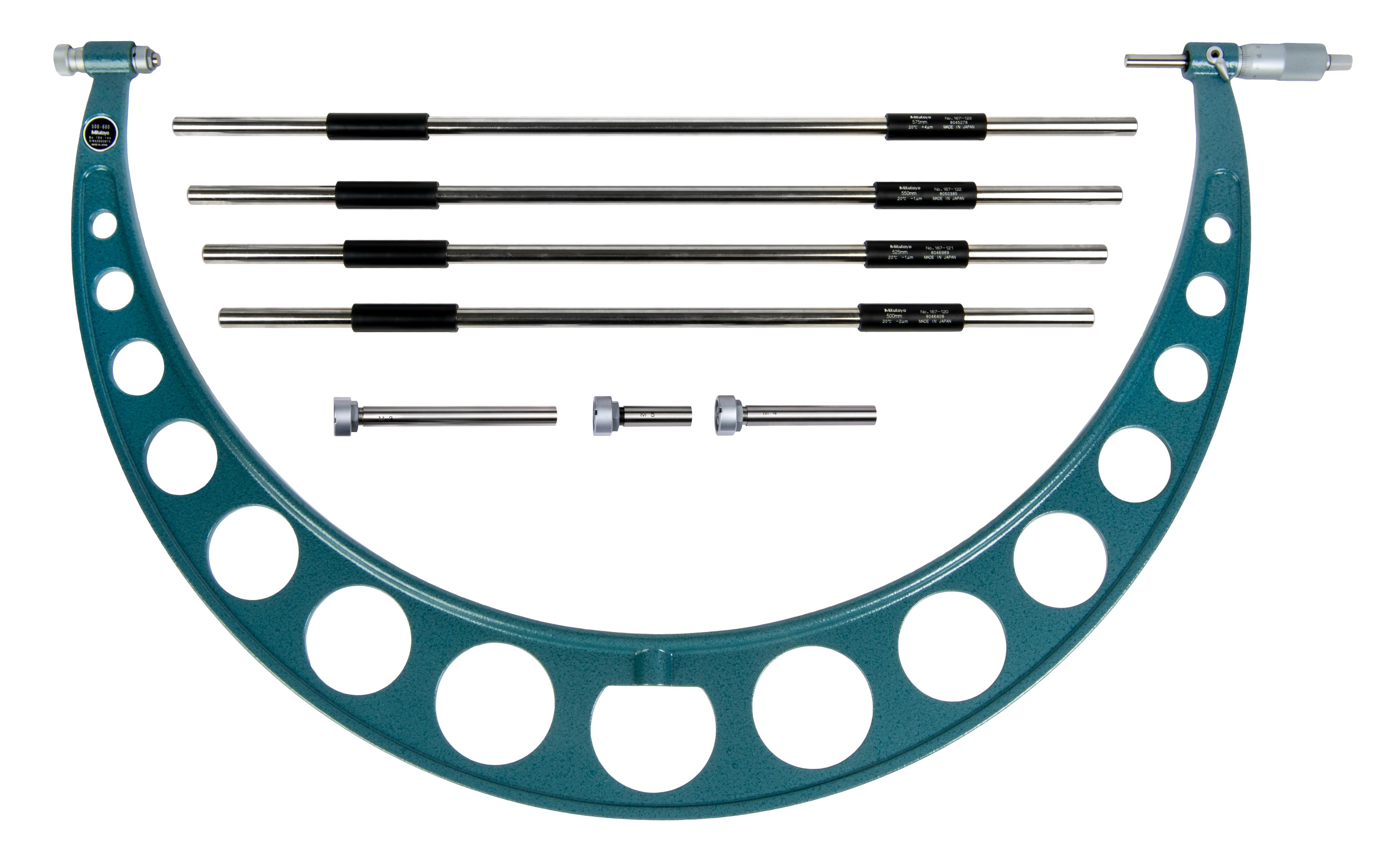 Mitutoyo, 104-144A, 500-600mm, 0.01mm Interchangeable Anvil Mechanical Outside Micrometer, Ratchet stop 4 anvils, 4 standards