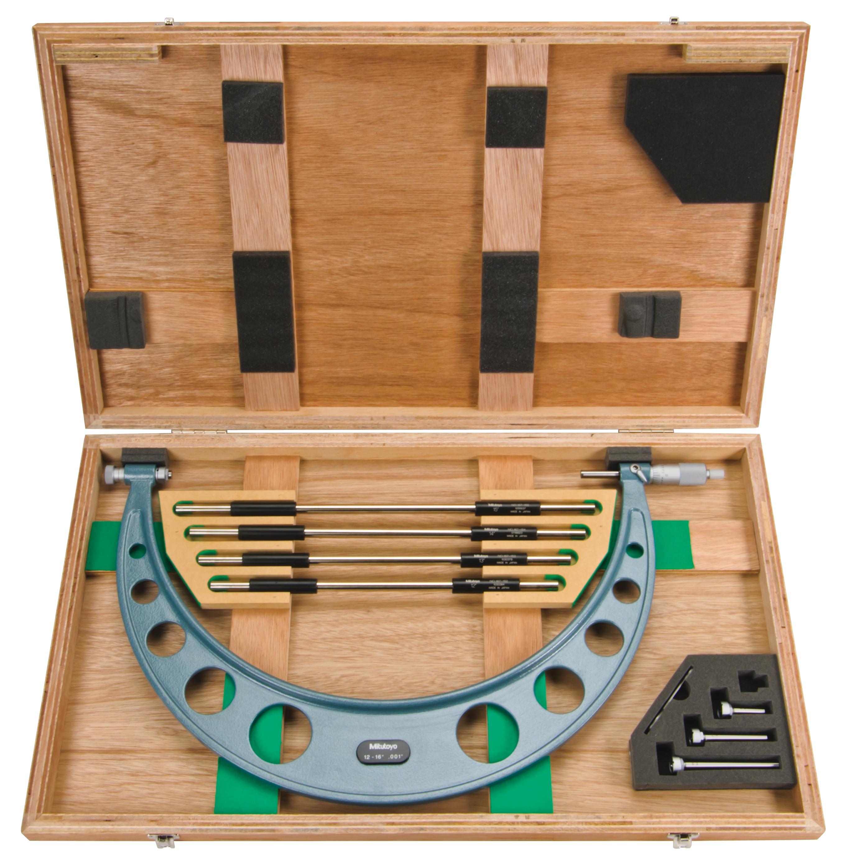 Mitutoyo, 104-152, 12-16 In, .001 In Interchangeable Anvil Mechanical Outside Micrometer, Ratchet Stop, 4 anvils, with 4 Standards