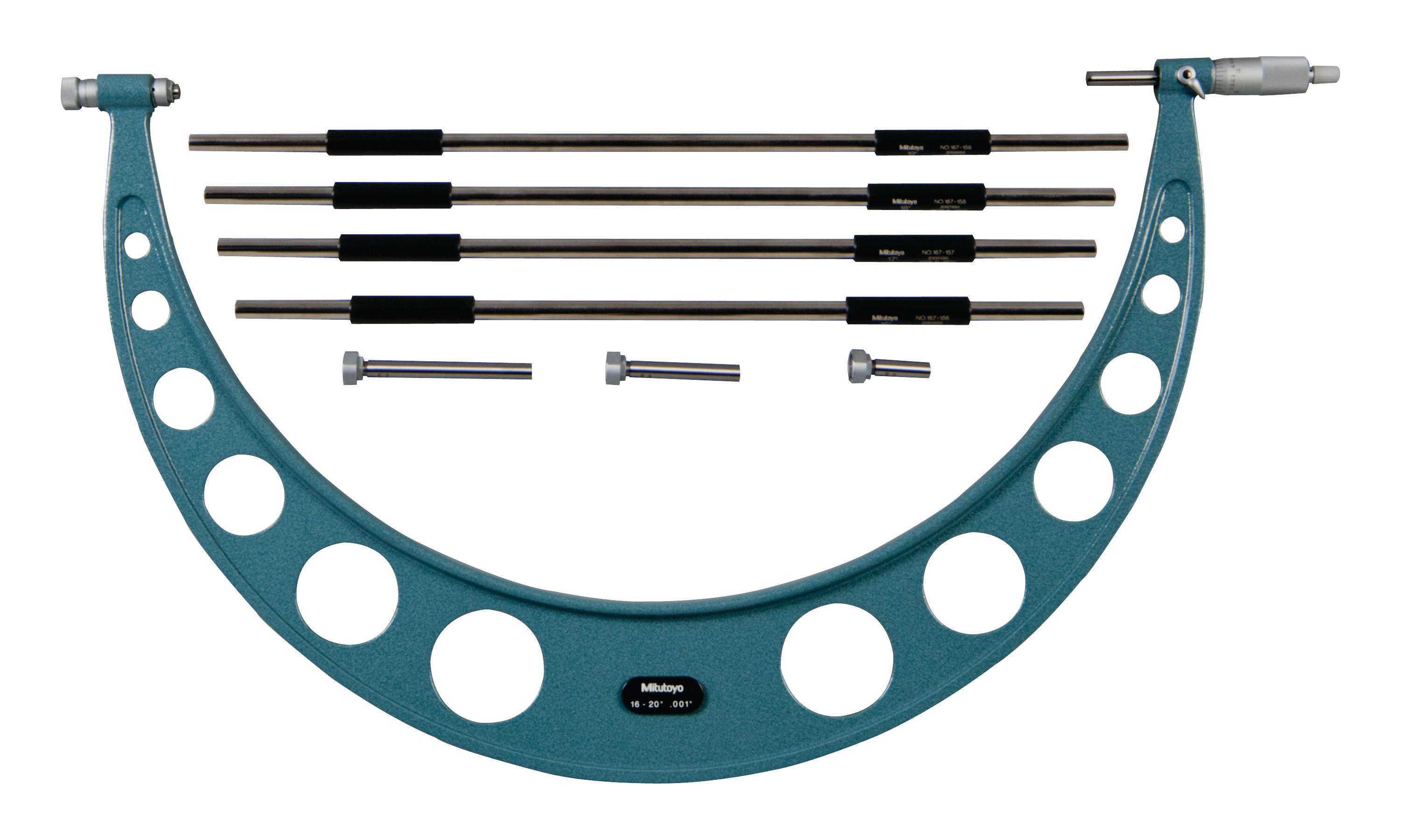 Mitutoyo, 104-153, 16-20 In, .001 In Interchangeable Anvil Mechanical Outside Micrometer, Ratchet Stop, 4 anvils, with 4 Standards
