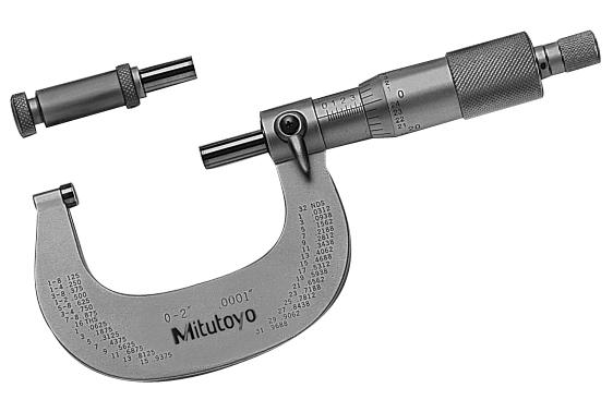 Mitutoyo, 104-165, 0-2 In, .0001 In Interchangeable Anvil Mechanical Outside Micrometer, Ratchet Stop, 6 anvils, with 5 Standards