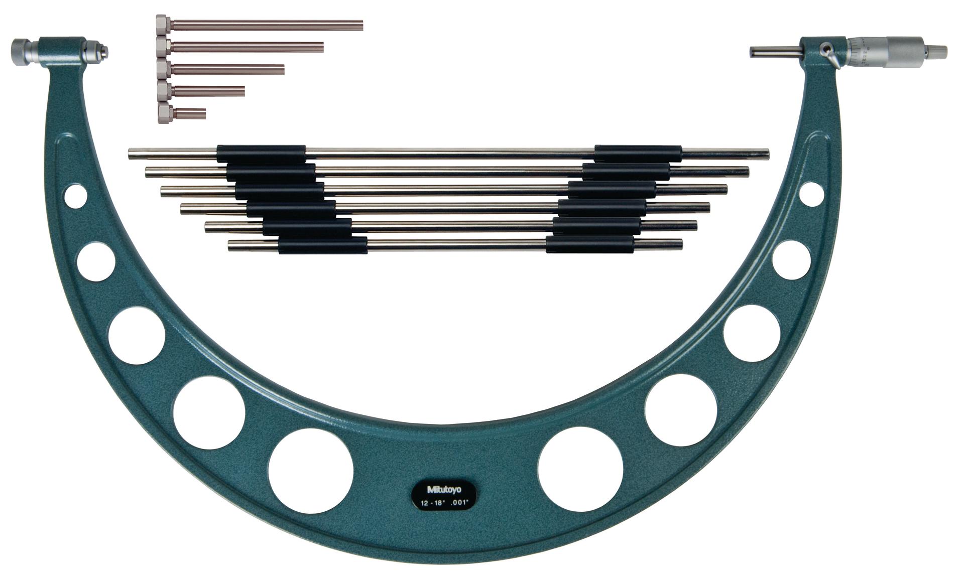 Mitutoyo, 104-201, 12-18 In, .001 In Interchangeable Anvil Mechanical Outside Micrometer, Ratchet Stop, 6 anvils, with 6 Standards